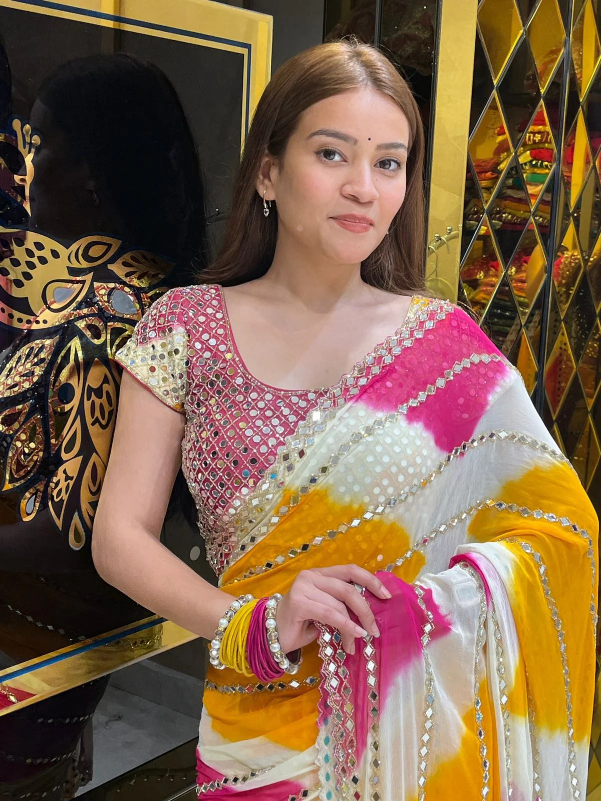 Premium Yellow Pink Digital Print Faux Georgette Saree With Real Mirror Work Blouse For Wedding & Festive Wear