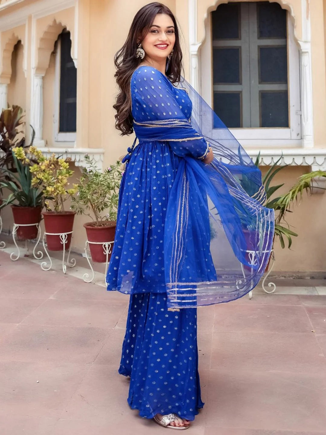 Designer Royal Blue Georgette Sharara Suit Set | Designer Embroidered Kurta & Sharara | Party & Wedding Wear