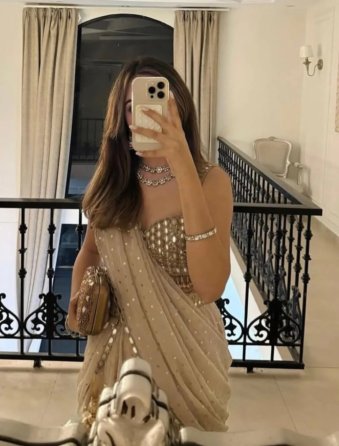 Champagne Beige Ready-to-Wear Saree for Women – Mirror Work Party Wear Saree with Designer Blouse | Wedding, Reception & Cocktail Wear 2026