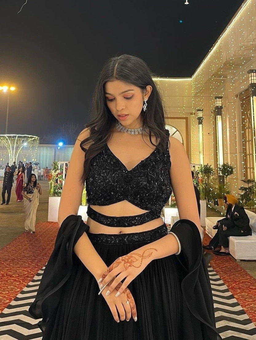 Black Sequins Embroidered Georgette Lehenga Choli Set With Dupatta For Party, Reception & Wedding Wear