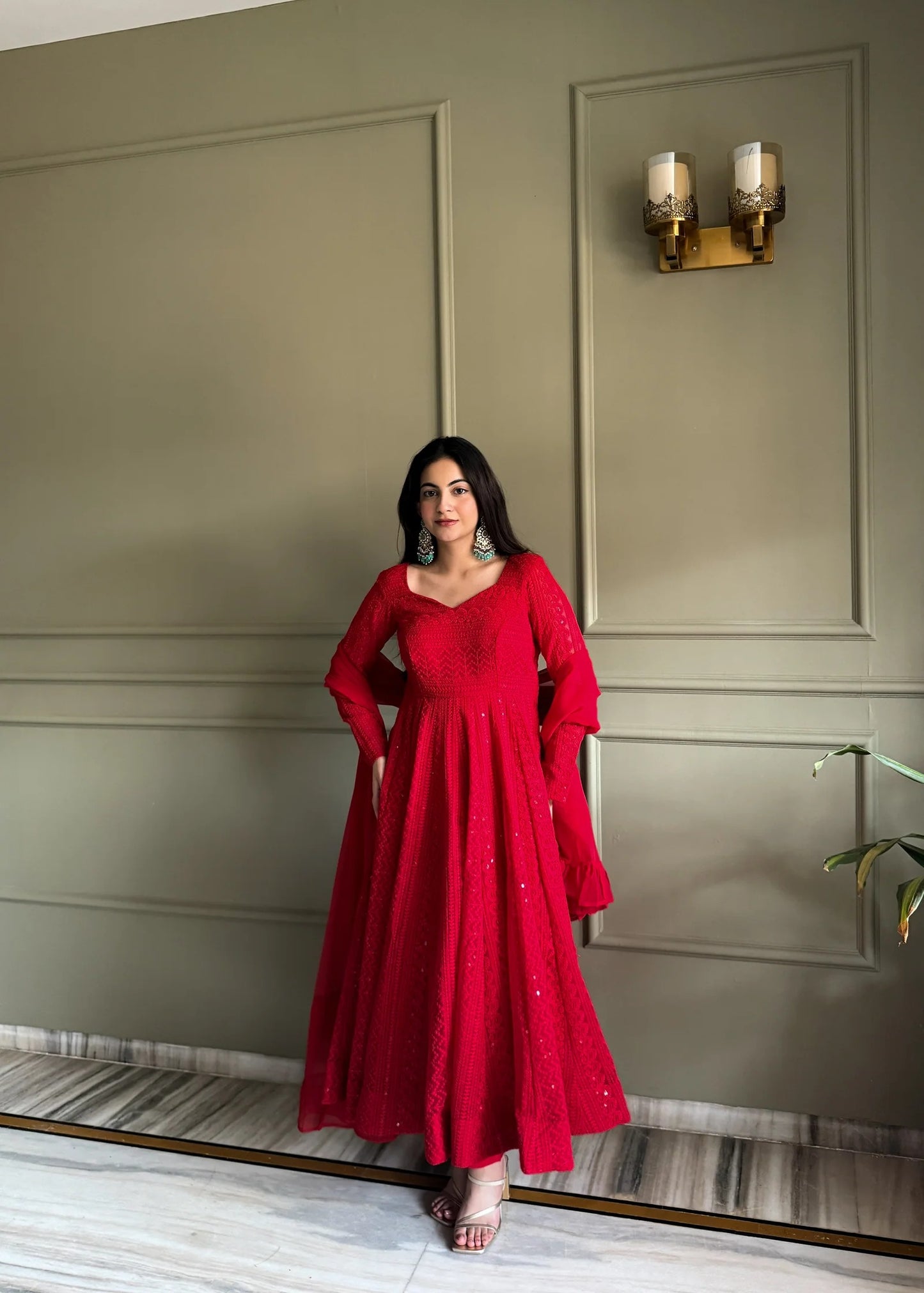 Designer Red Lucknowi Embroidered Anarkali Gown Set with Ruffle Dupatta | Wedding & Party Wear