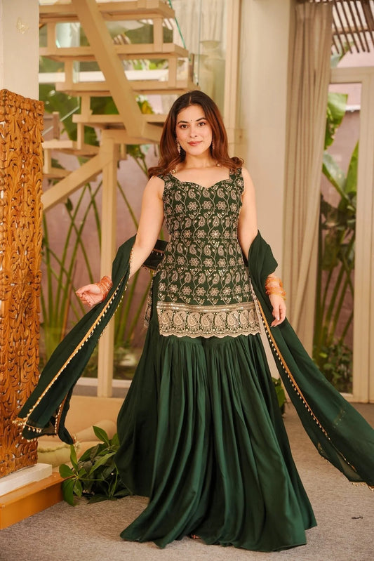 Emerald Green Embroidered Sharara Suit Set With Faux Georgette Dupatta For Wedding & Festive Wear