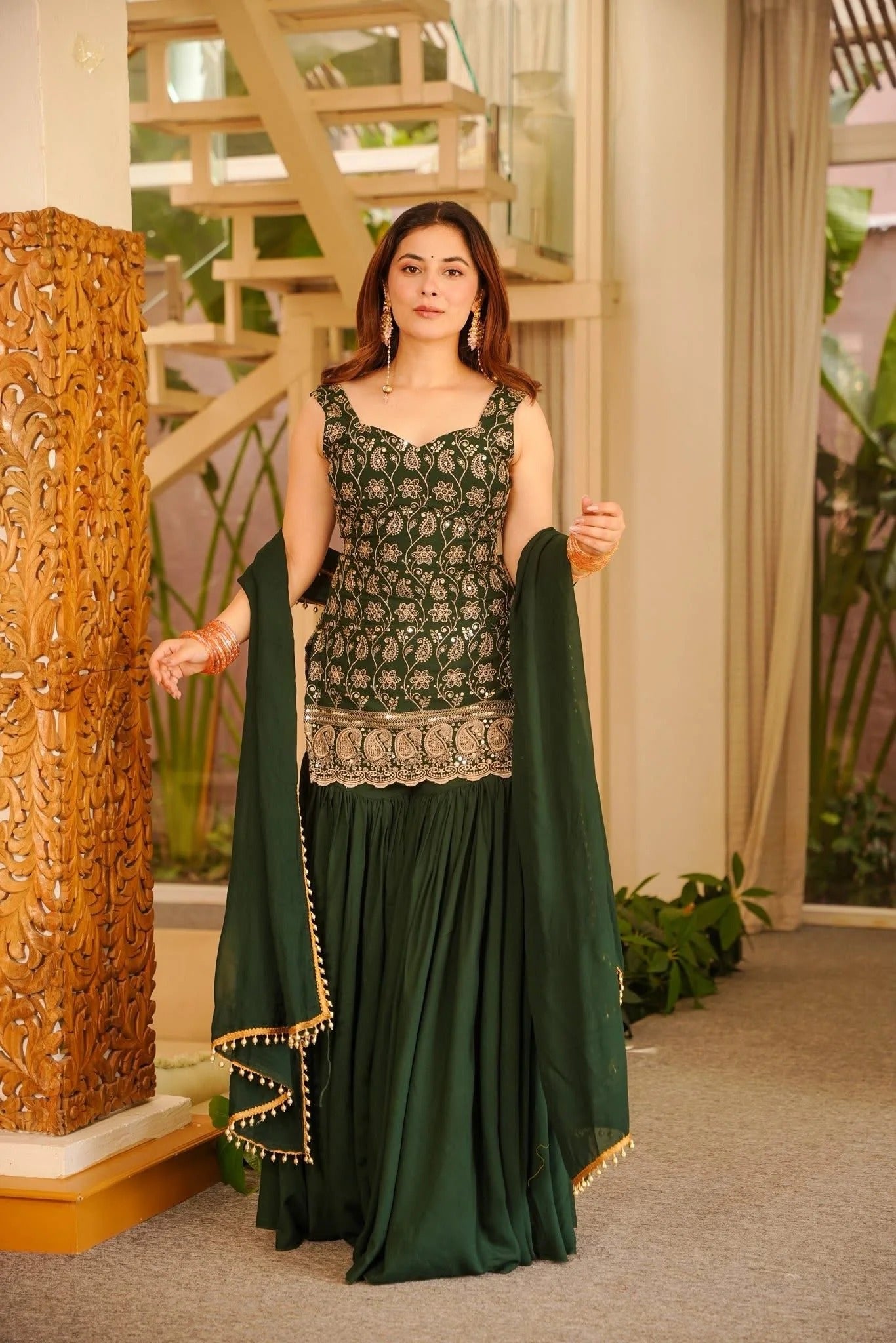 Emerald Green Embroidered Sharara Suit Set With Faux Georgette Dupatta For Wedding & Festive Wear