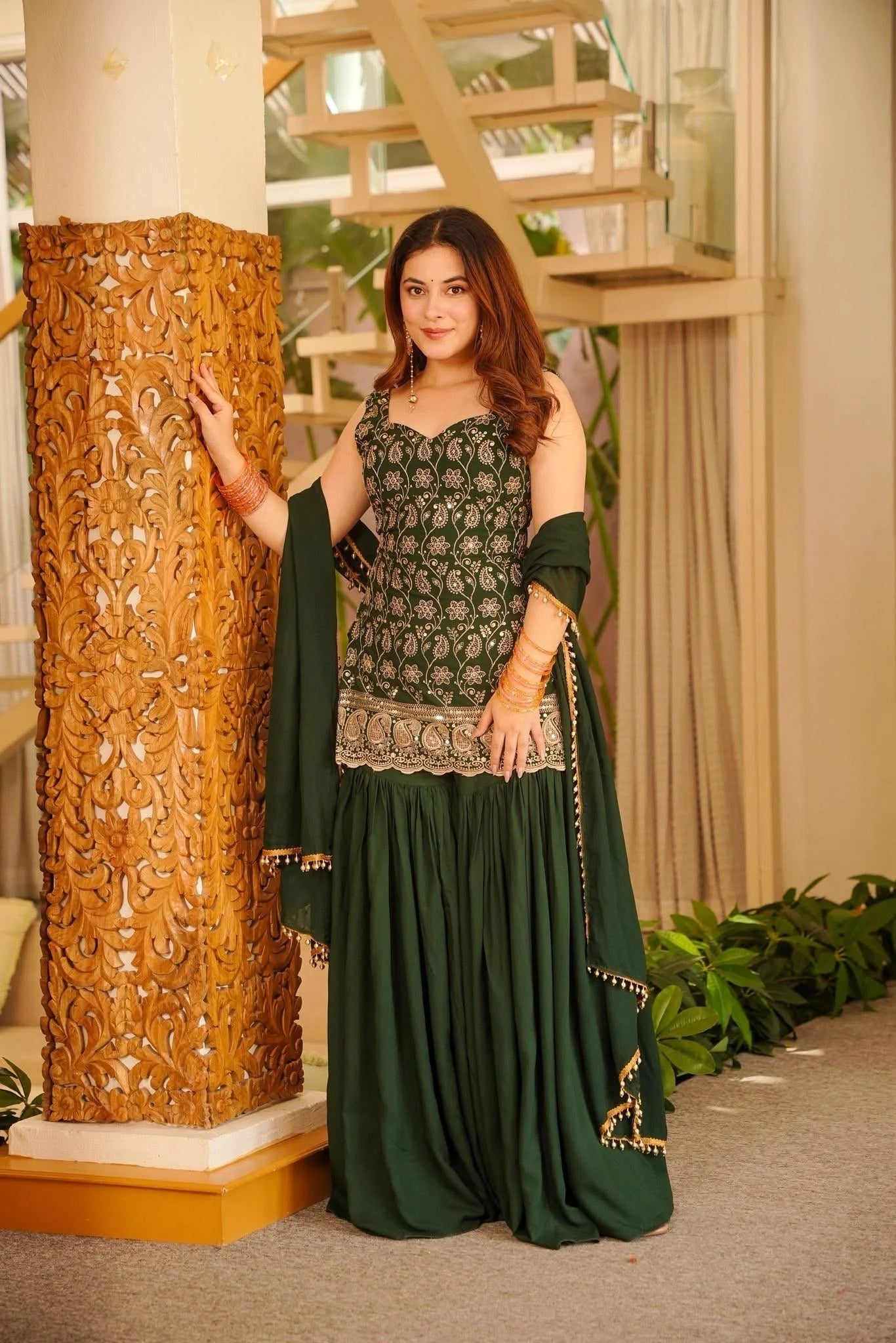 Emerald Green Embroidered Sharara Suit Set With Faux Georgette Dupatta For Wedding & Festive Wear