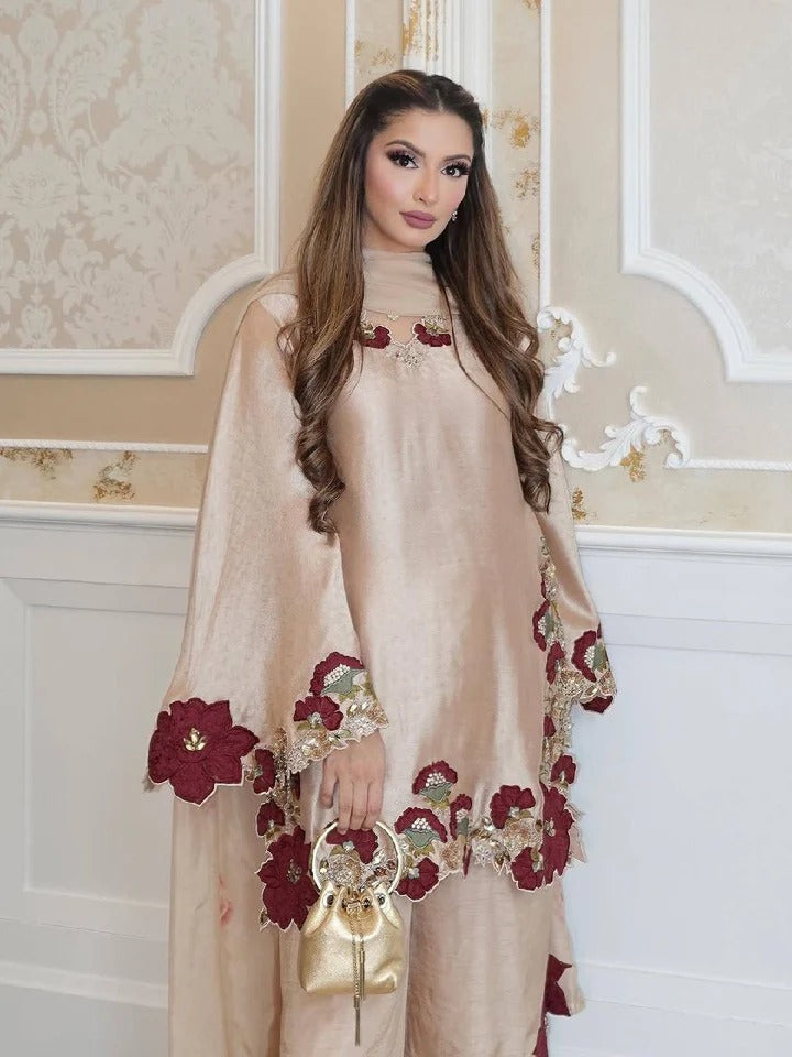 Beige Roman Glass Embroidered Suit Set with Sequins & Digital Print Dupatta for Women | Wedding & Party Wear