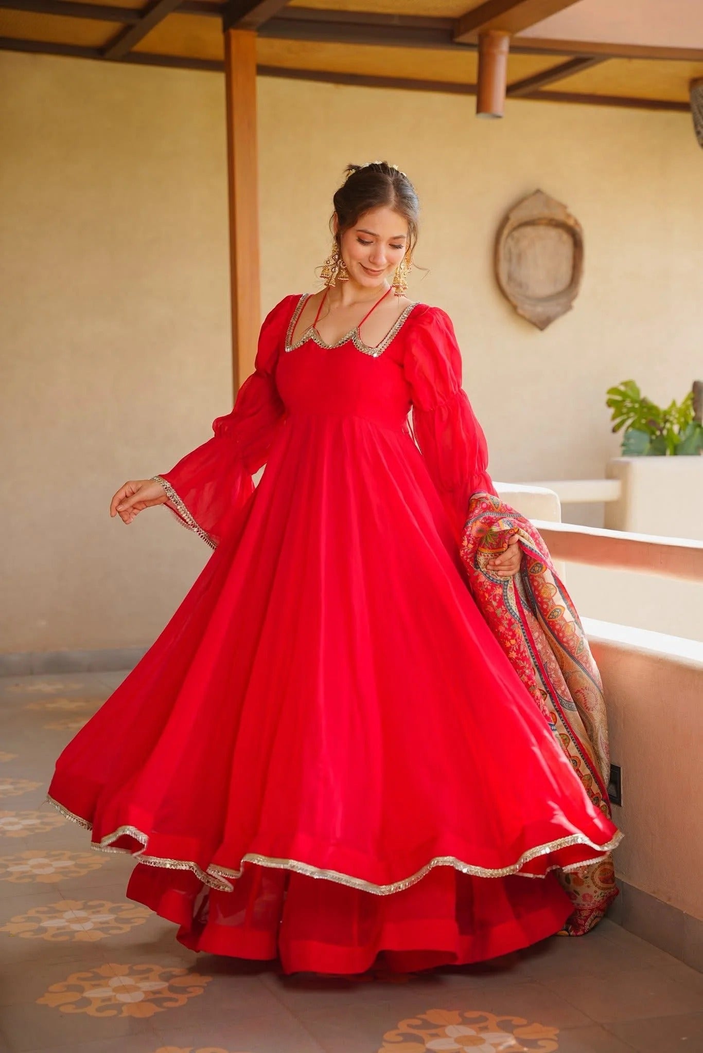 Red Tabby Silk Anarkali Suit Set | Mirror Lace | Digital Printed Dupatta | Palazzo | Women's Party Wear