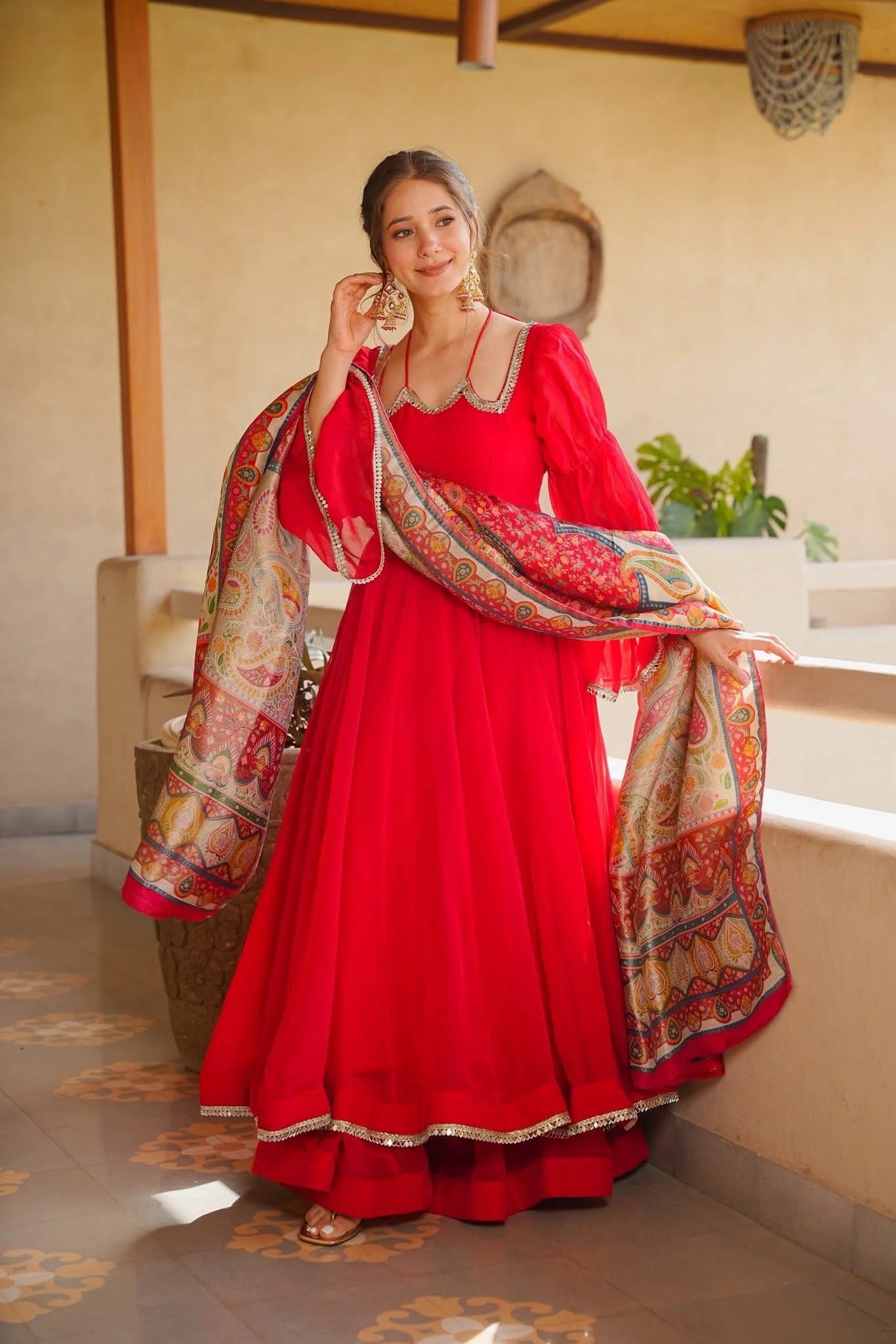 Red Tabby Silk Anarkali Suit Set | Mirror Lace | Digital Printed Dupatta | Palazzo | Women's Party Wear