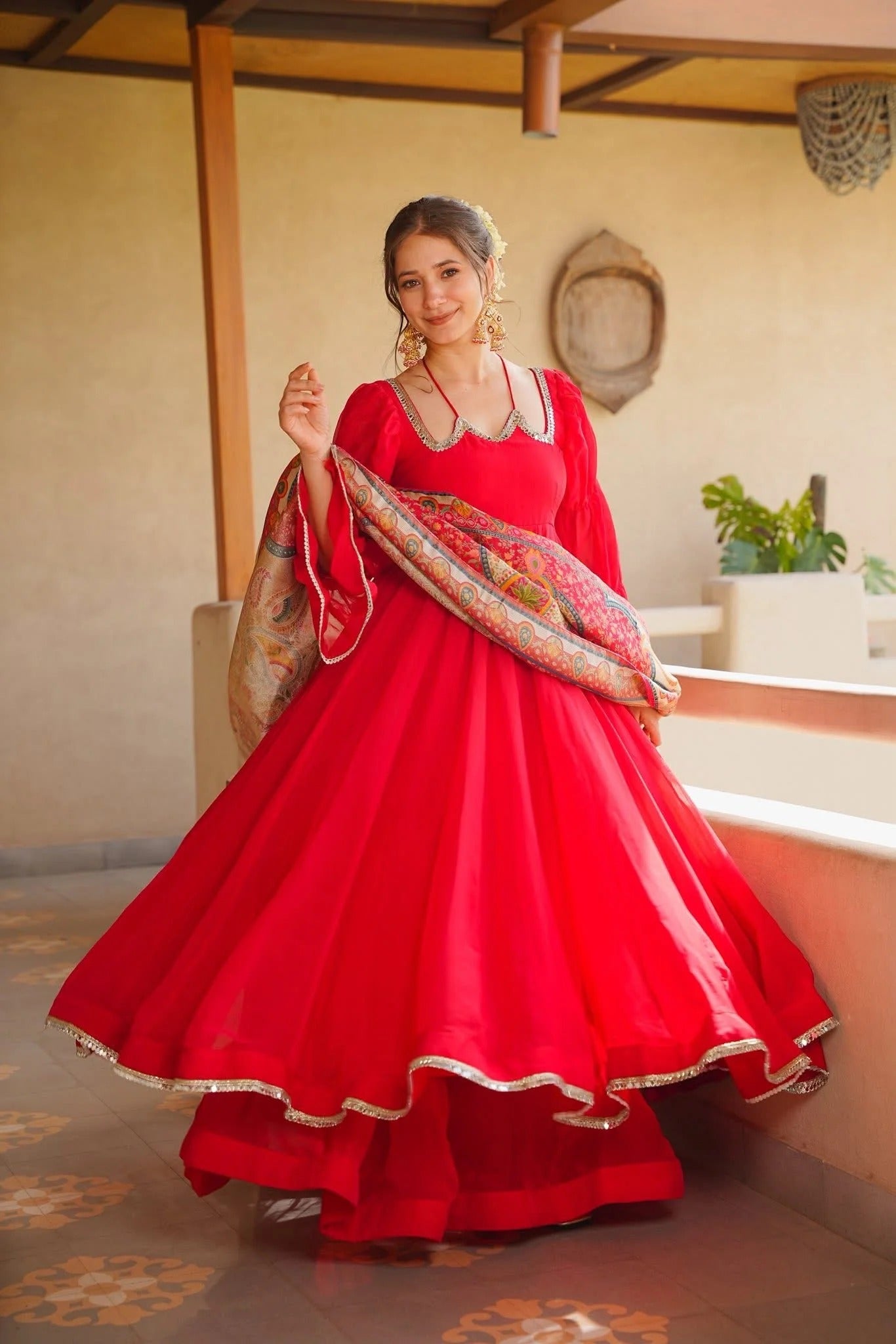Red Tabby Silk Anarkali Suit Set | Mirror Lace | Digital Printed Dupatta | Palazzo | Women's Party Wear