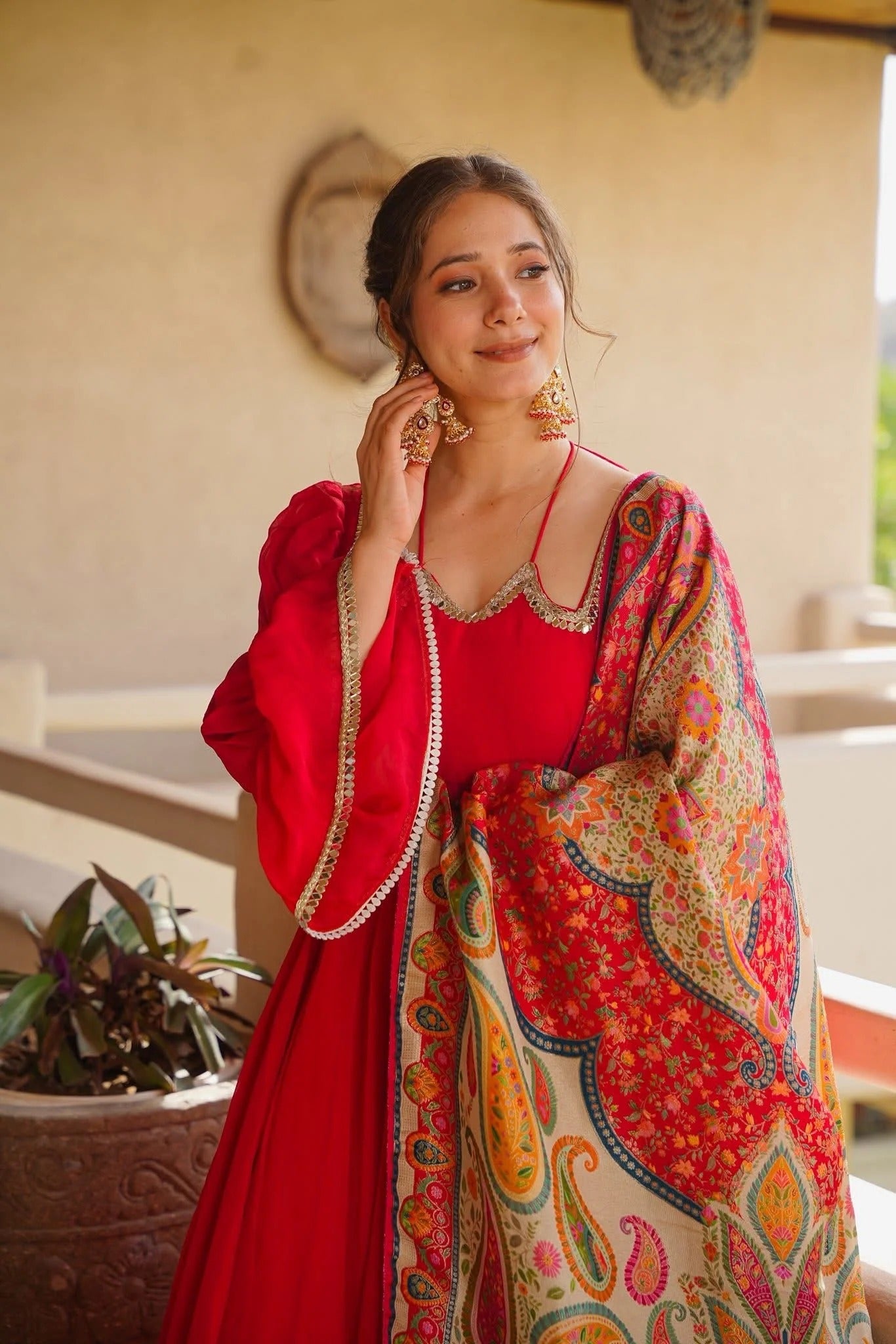 Red Tabby Silk Anarkali Suit Set | Mirror Lace | Digital Printed Dupatta | Palazzo | Women's Party Wear