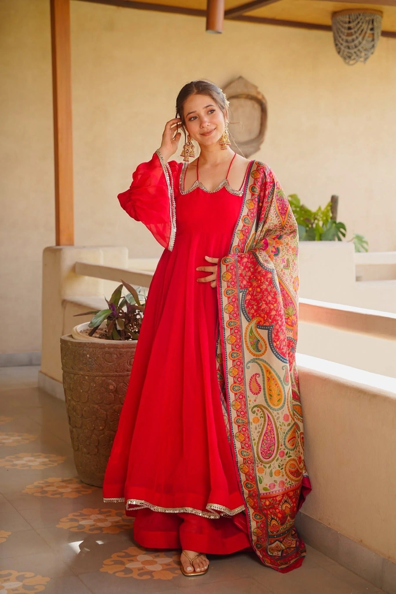Red Tabby Silk Anarkali Suit Set | Mirror Lace | Digital Printed Dupatta | Palazzo | Women's Party Wear