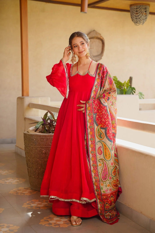 Red Tabby Silk Anarkali Suit Set | Mirror Lace | Digital Printed Dupatta | Palazzo | Women's Party Wear