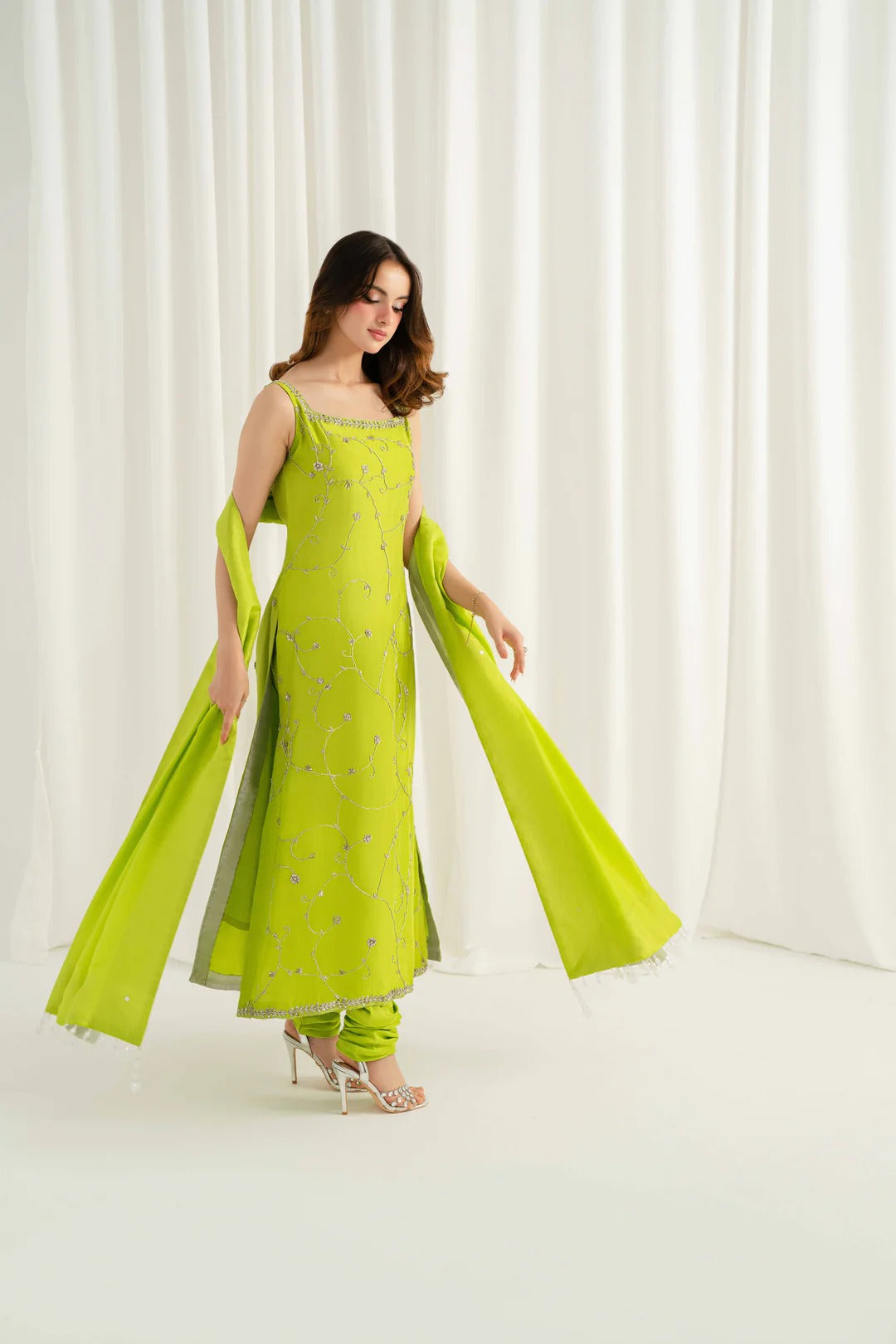 Premium Lime Green Embroidered Raw Silk Ethnic Suit Set for Women