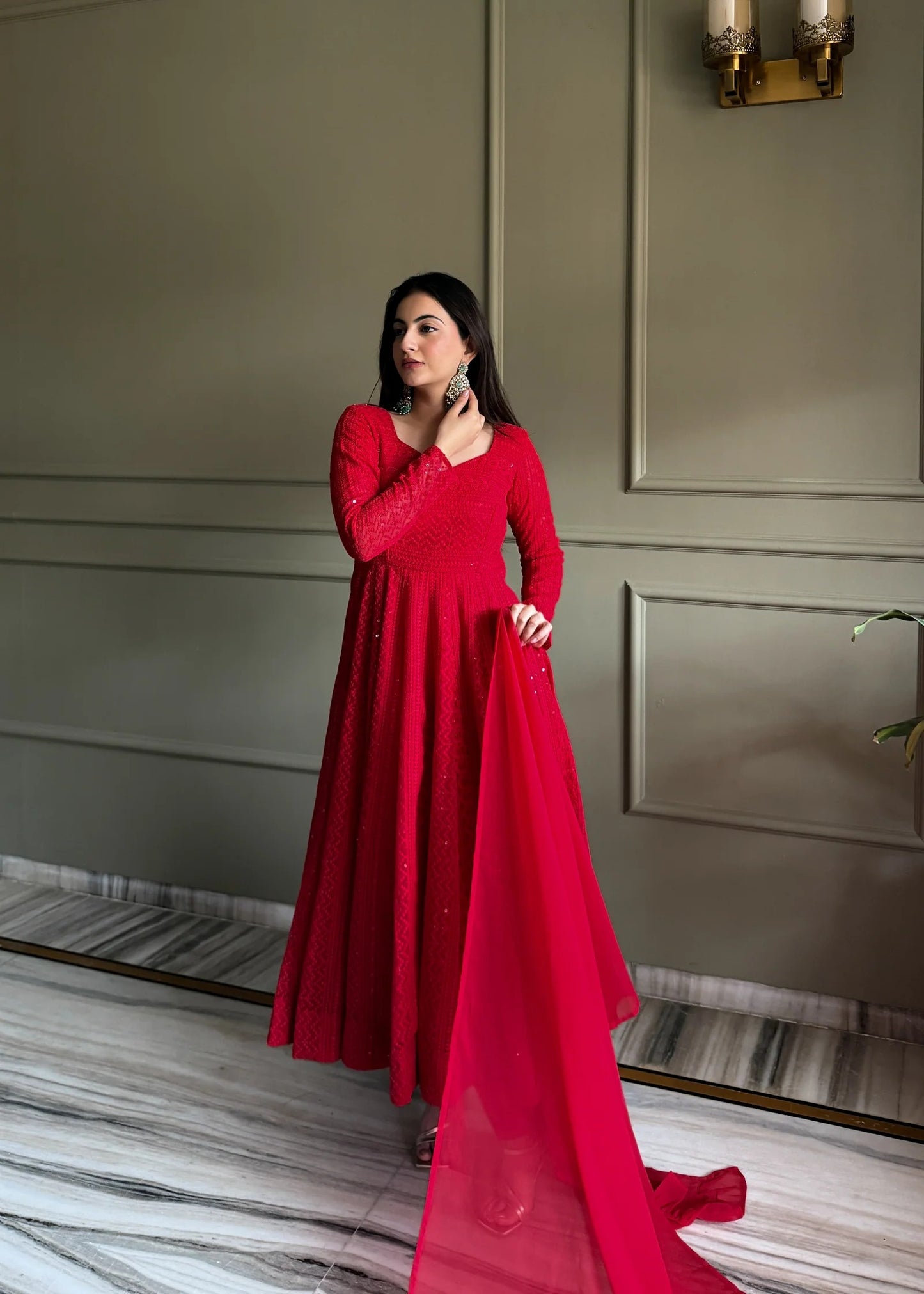 Designer Red Lucknowi Embroidered Anarkali Gown Set with Ruffle Dupatta | Wedding & Party Wear