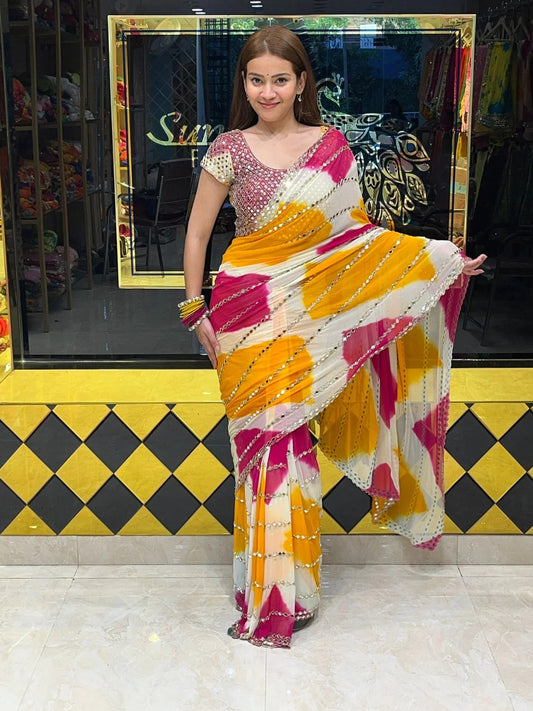 Premium Yellow Pink Digital Print Faux Georgette Saree With Real Mirror Work Blouse For Wedding & Festive Wear