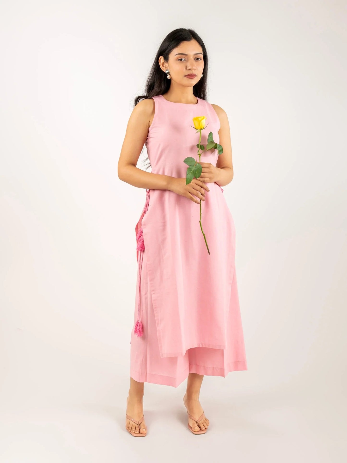 Light Pink Cotton Kurta Pant Dupatta Set for Women | Sleeveless Ethnic Suit with Culottes & Dupatta | Summer Festive & Casual Wear