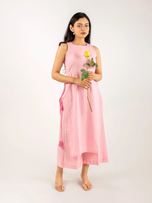 Light Pink Cotton Kurta Pant Dupatta Set for Women | Sleeveless Ethnic Suit with Culottes & Dupatta | Summer Festive & Casual Wear