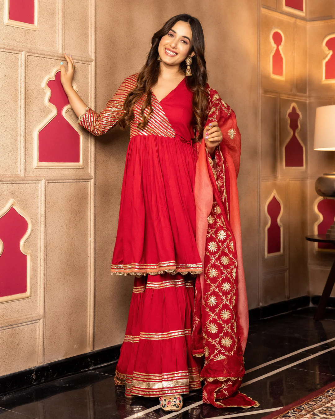 Festive & Wedding Wear Maroon Gota Work Anarkali Sharara Suit Set for Women