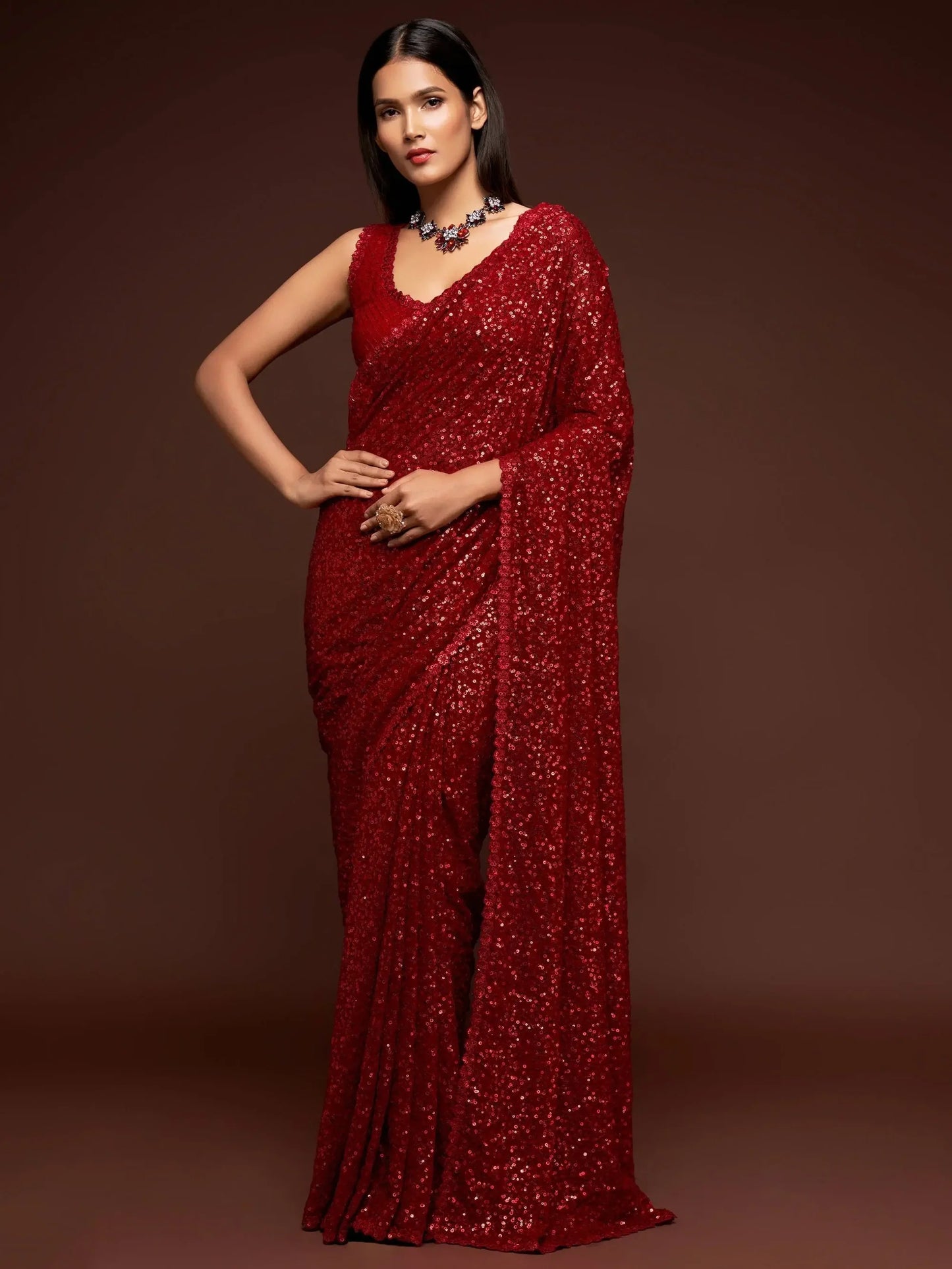 Reception Wear Red Sequin Party Wear Saree with Blouse
