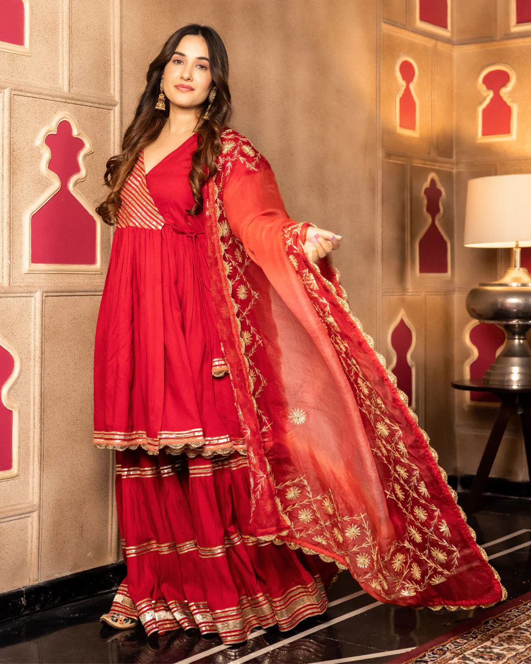 Festive & Wedding Wear Maroon Gota Work Anarkali Sharara Suit Set for Women