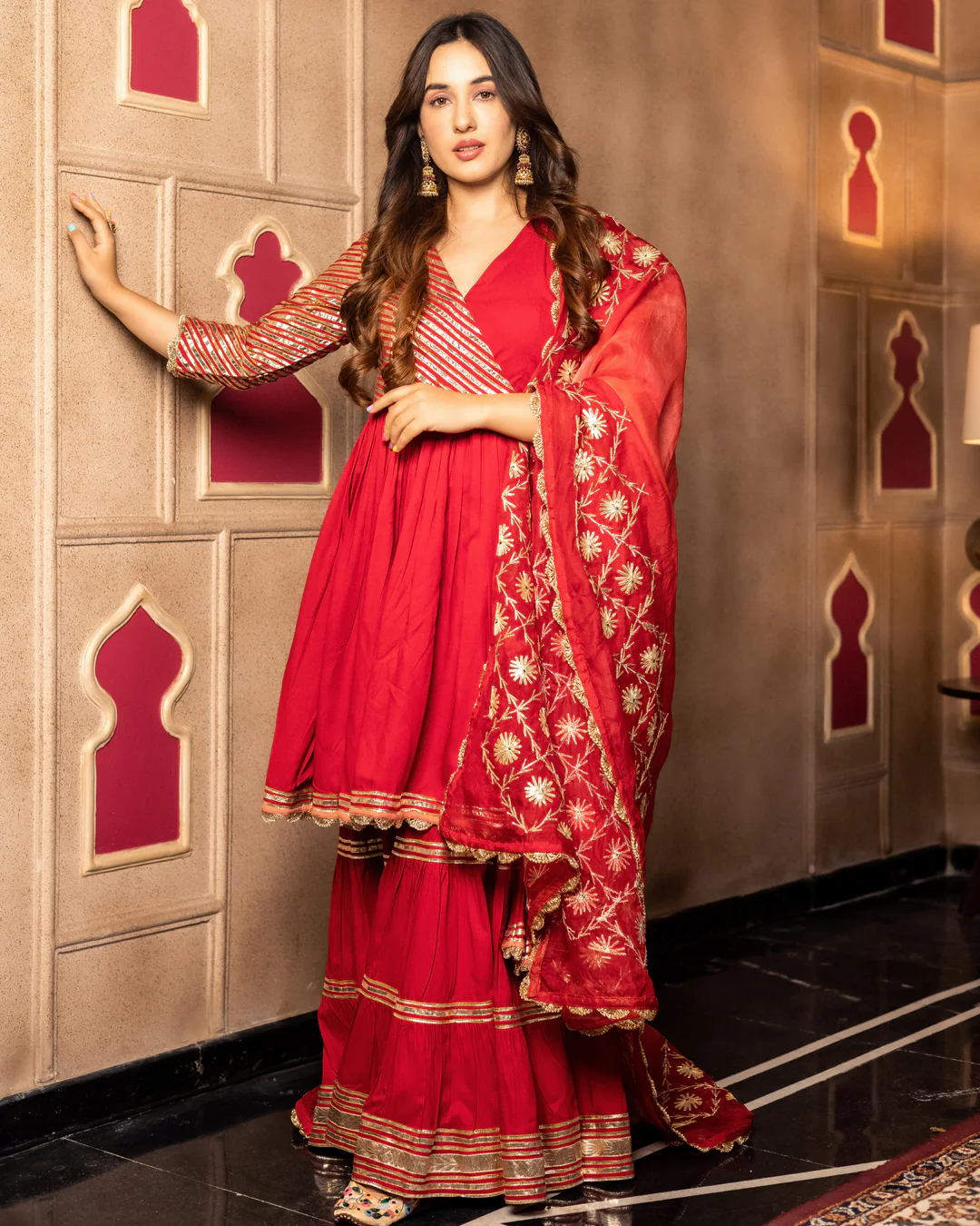 Festive & Wedding Wear Maroon Gota Work Anarkali Sharara Suit Set for Women