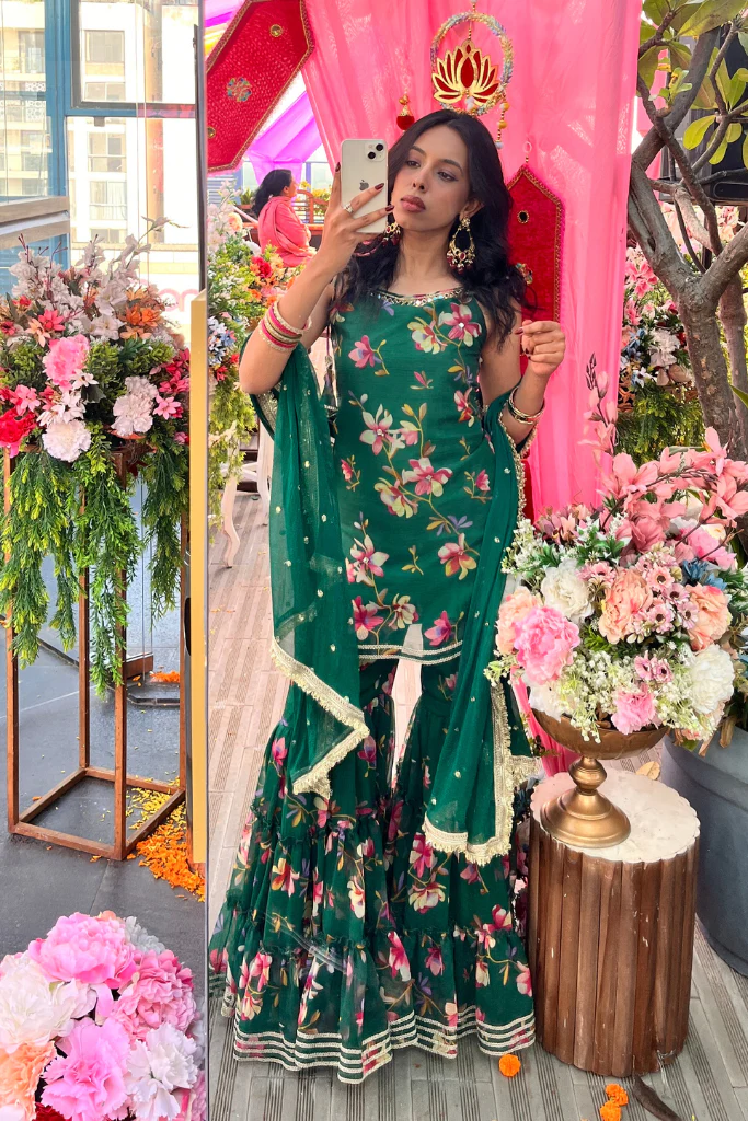 Trendy Floral Hand Printed Green Sharara Set with Dupatta