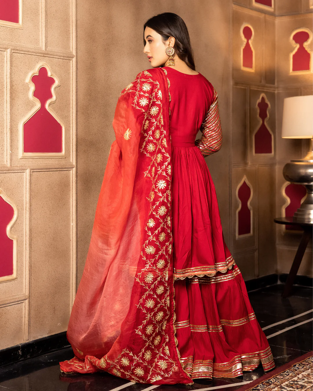 Festive & Wedding Wear Maroon Gota Work Anarkali Sharara Suit Set for Women