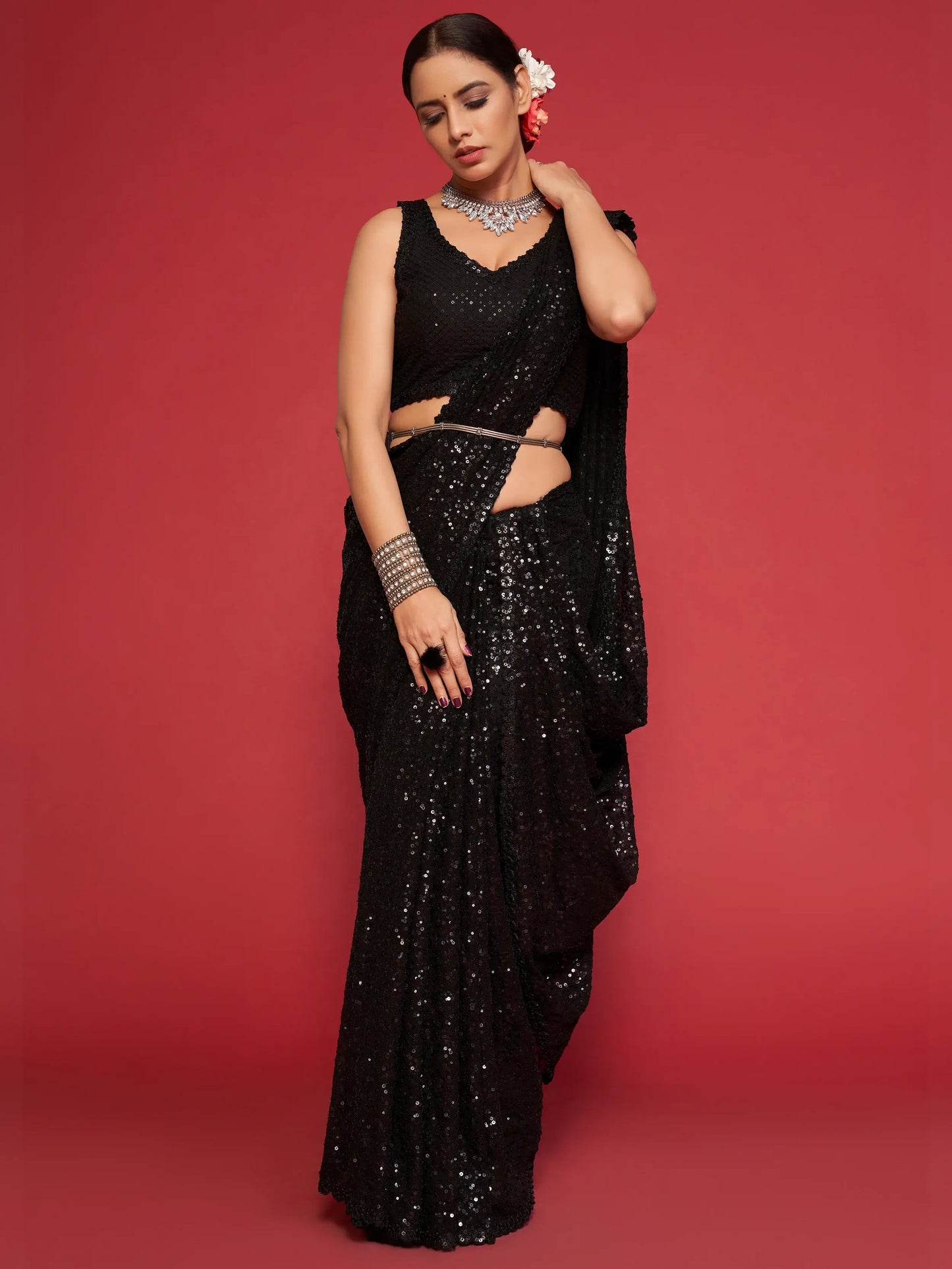 Black Sequined Georgette Party Wear Saree