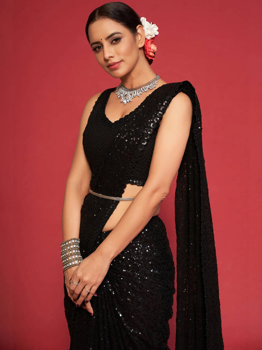 Black Sequined Georgette Party Wear Saree