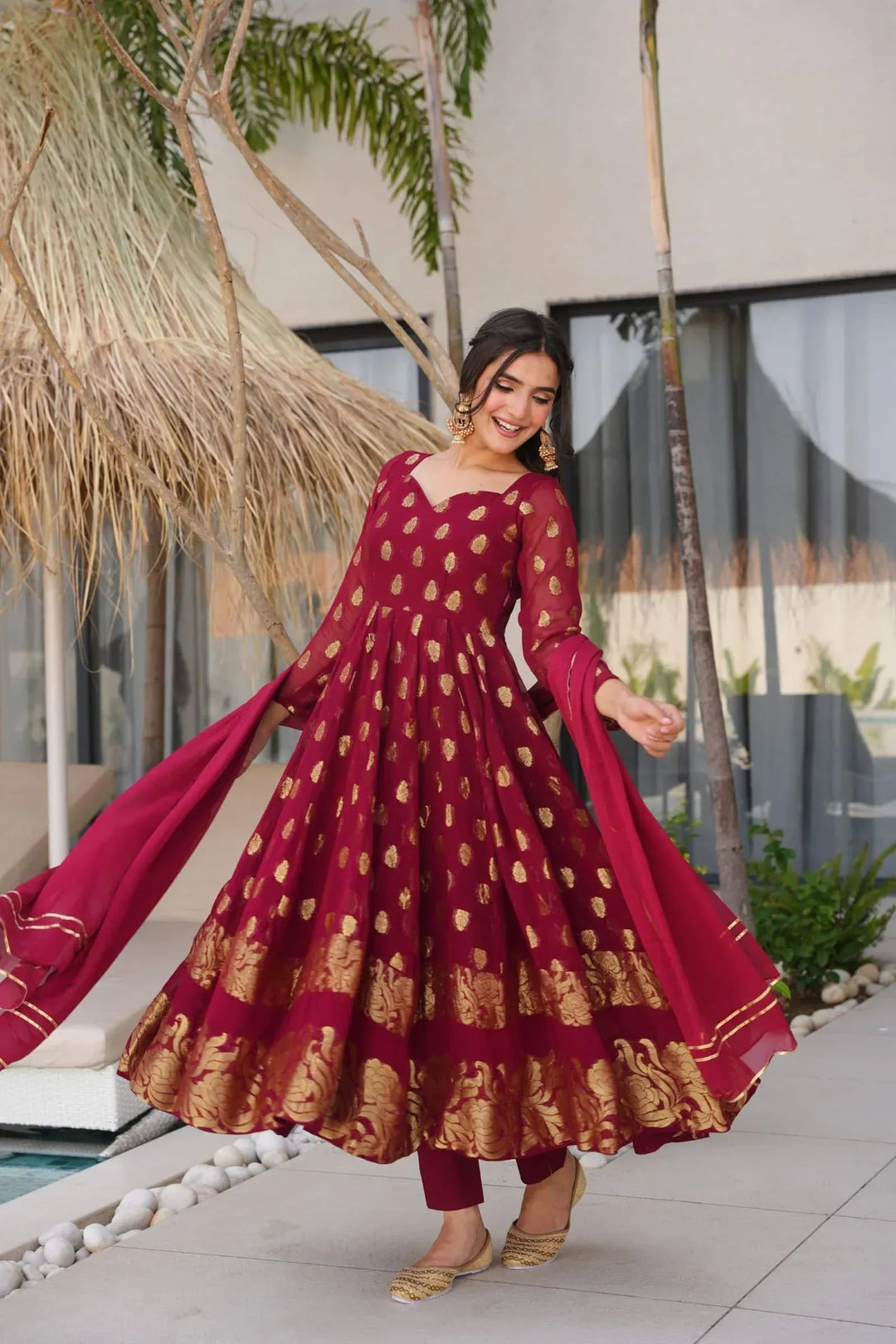 maroon and gold indian dress MAROON MODERN FRONT SLIT STYLE INDIAN DRESS main image 0