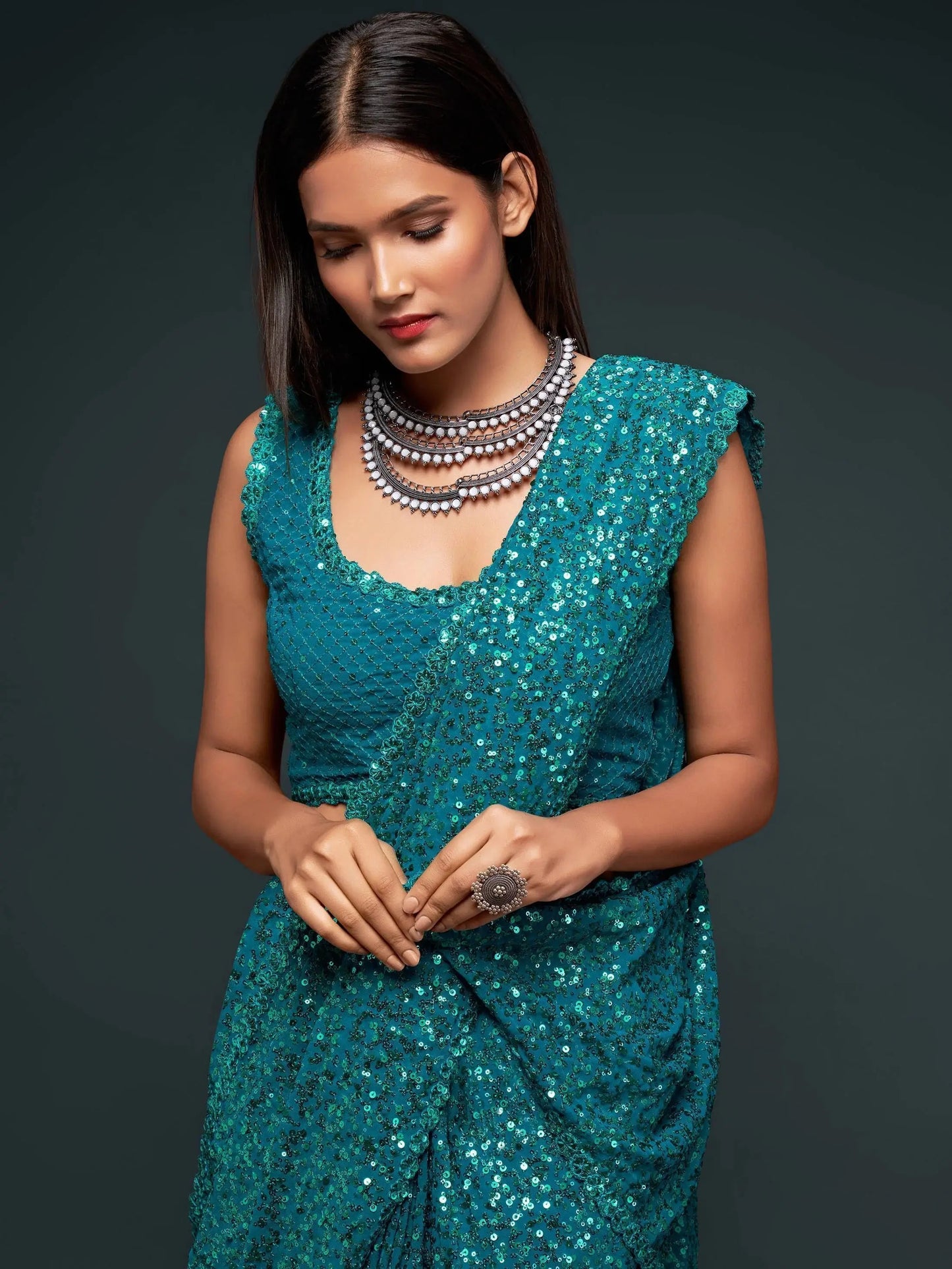 Fancy Reception Wear Teal Blue Sequin Georgette Saree