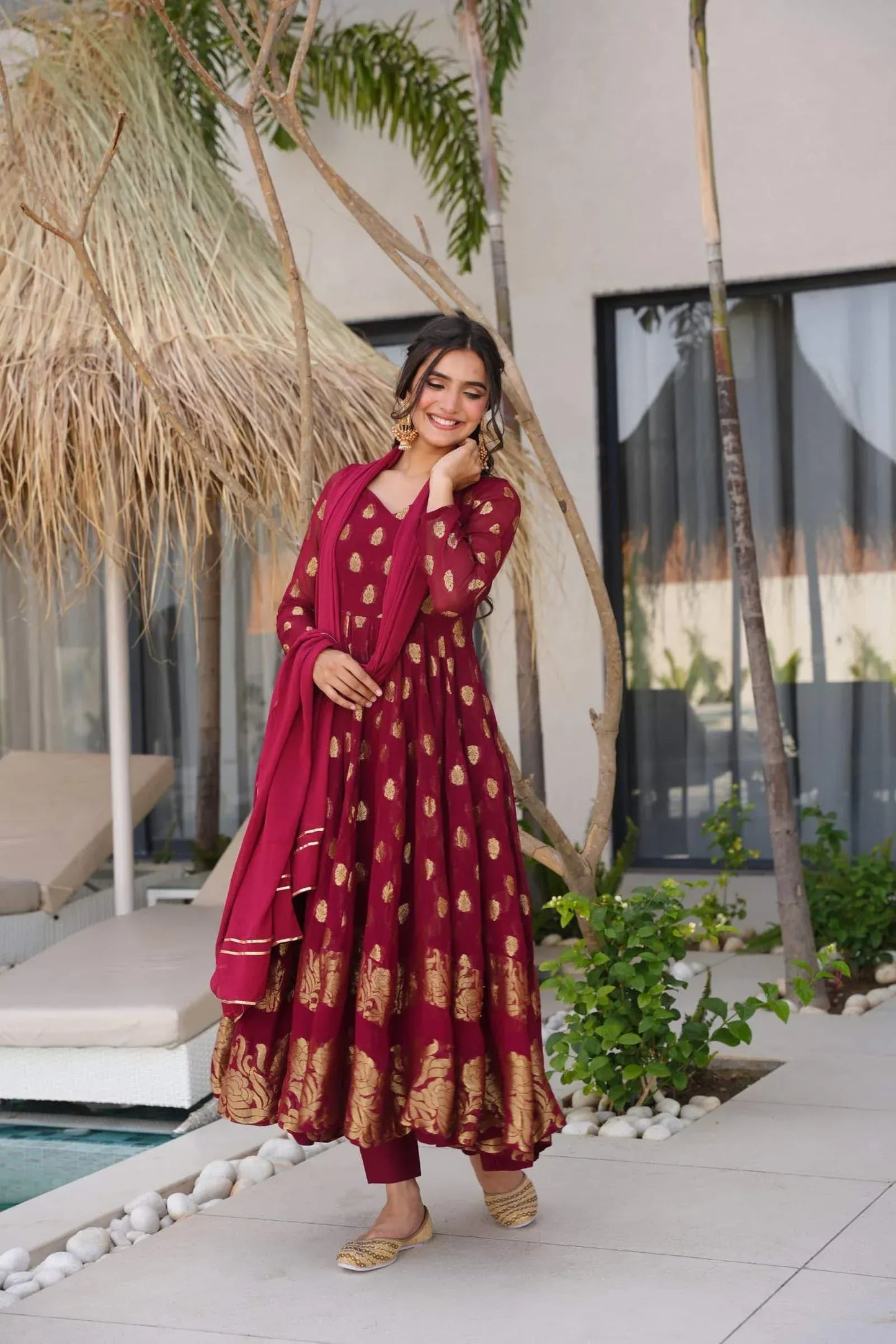 Maroon Anarkali Suit with Golden Zari Work & Dupatta – Festive Ethnic Wear