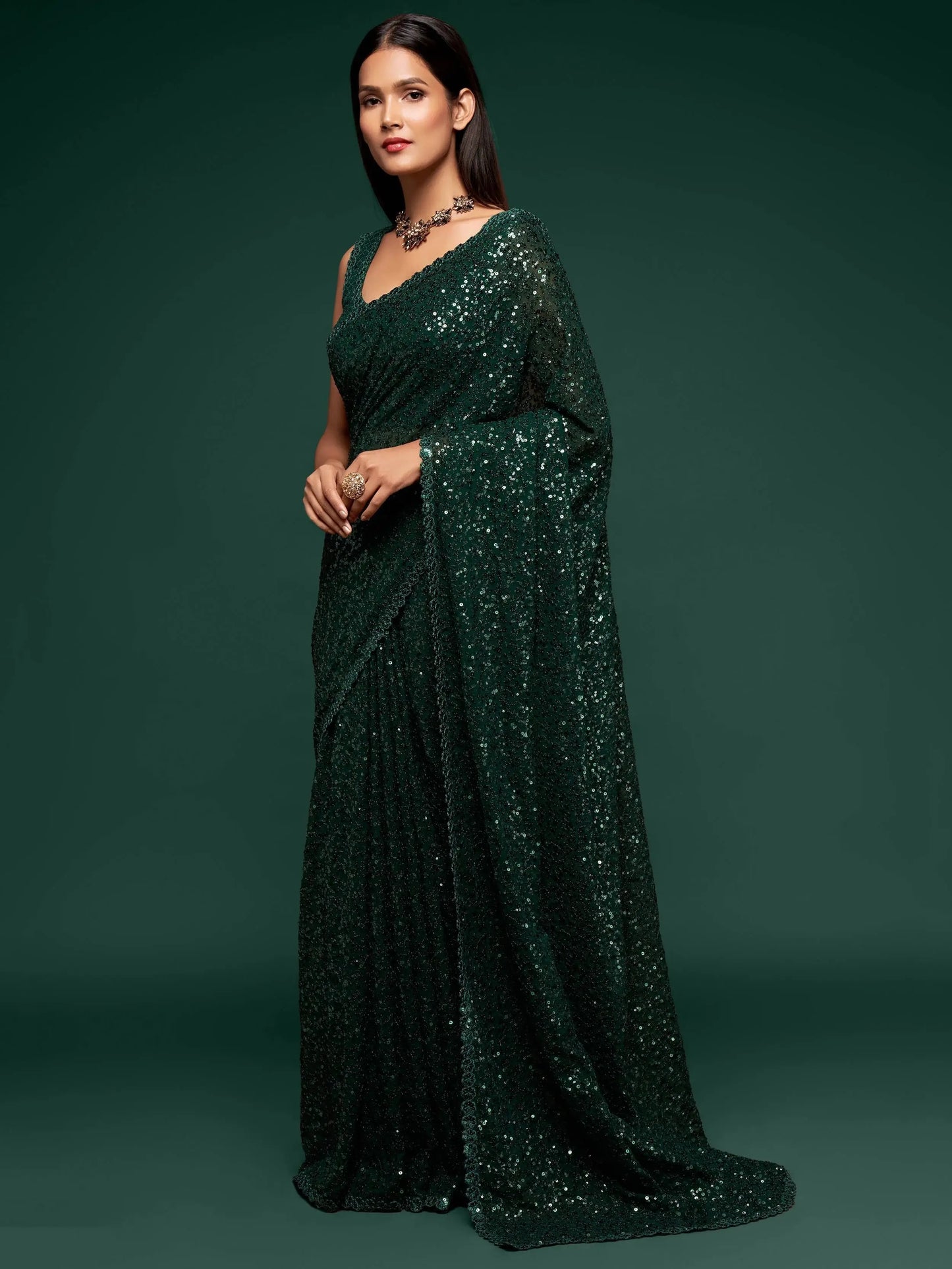 Stylish Deep Green Sequin Saree for Party & Wedding