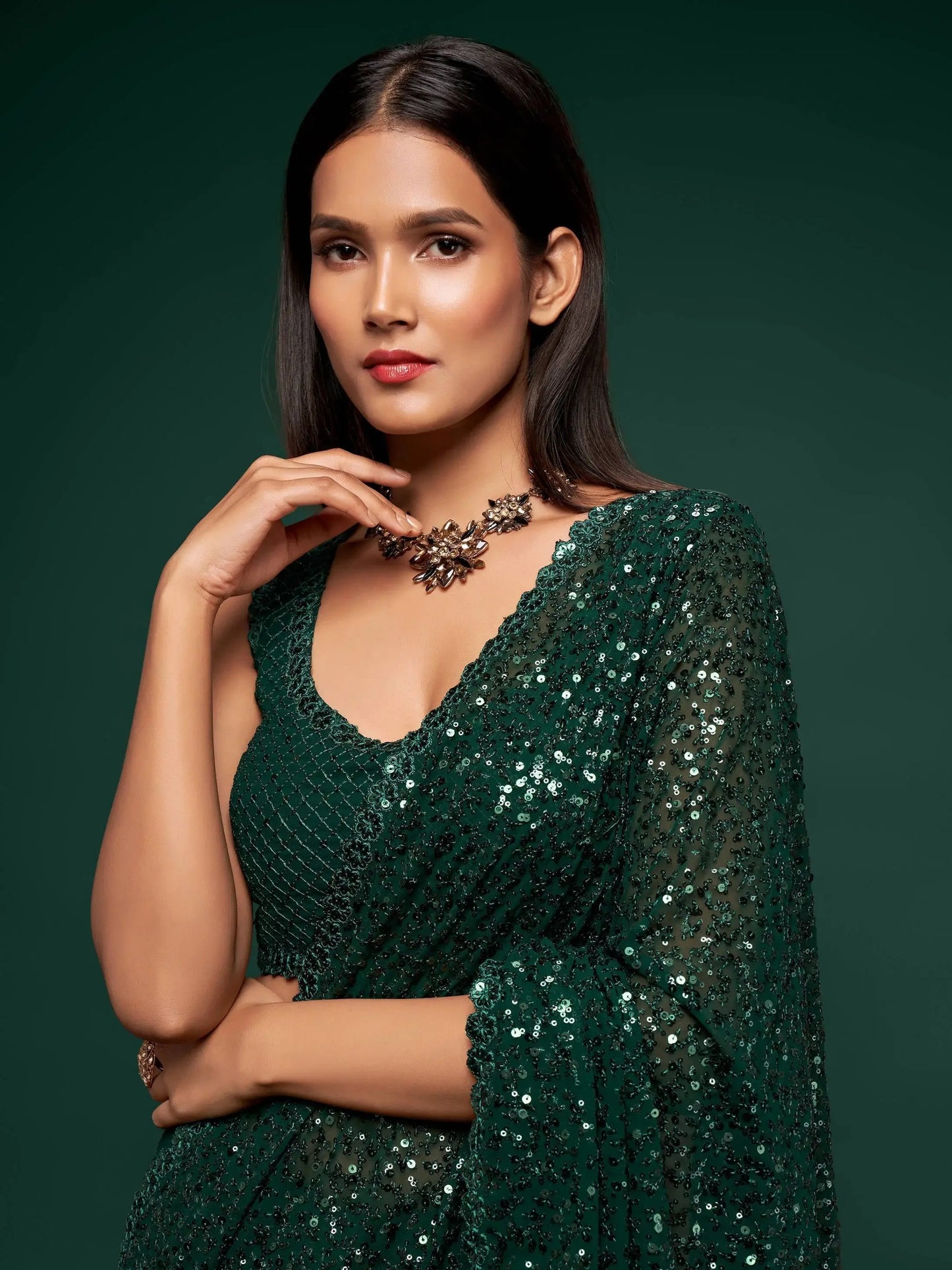 Stylish Deep Green Sequin Saree for Party & Wedding