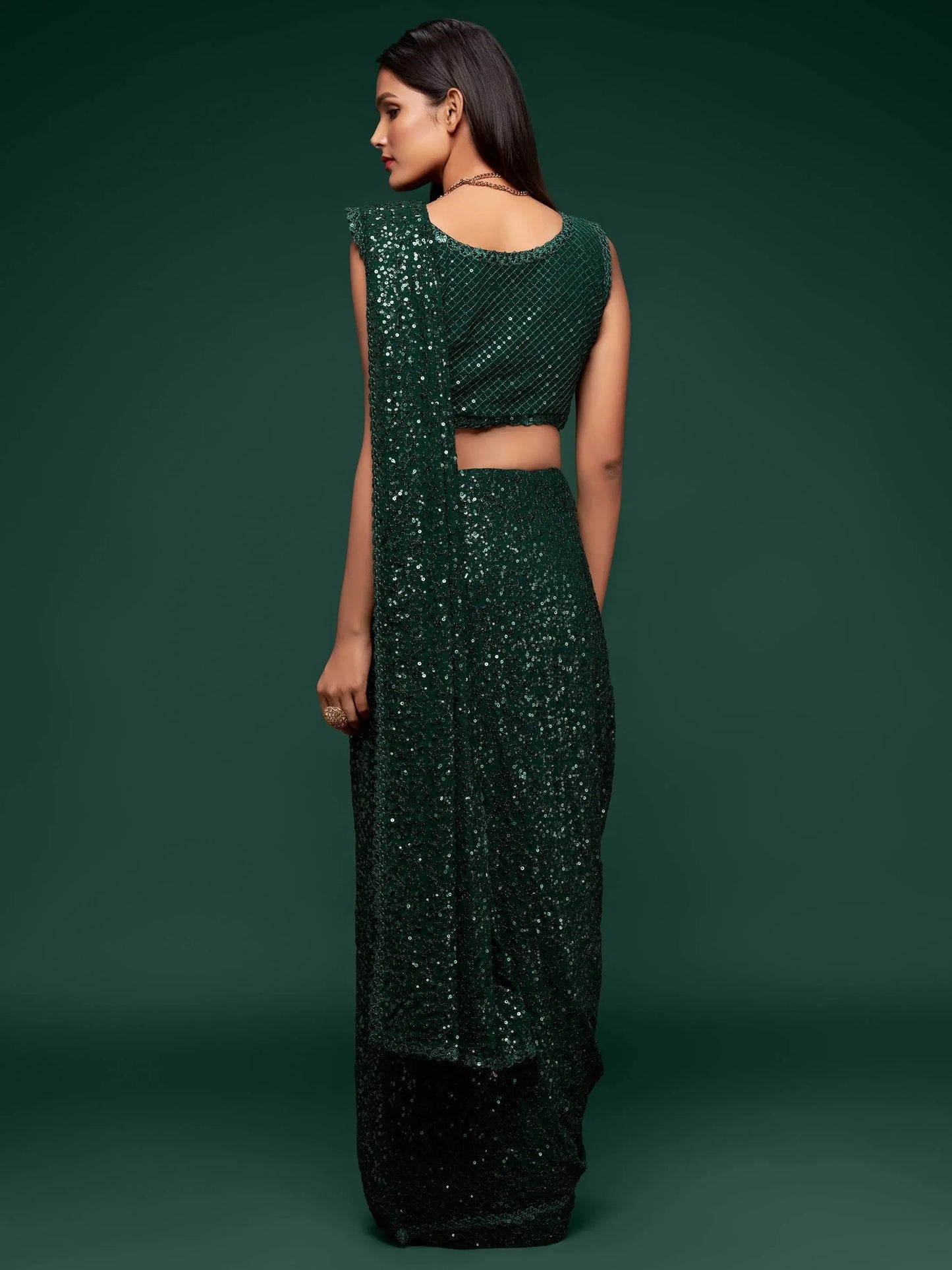 Stylish Deep Green Sequin Saree for Party & Wedding