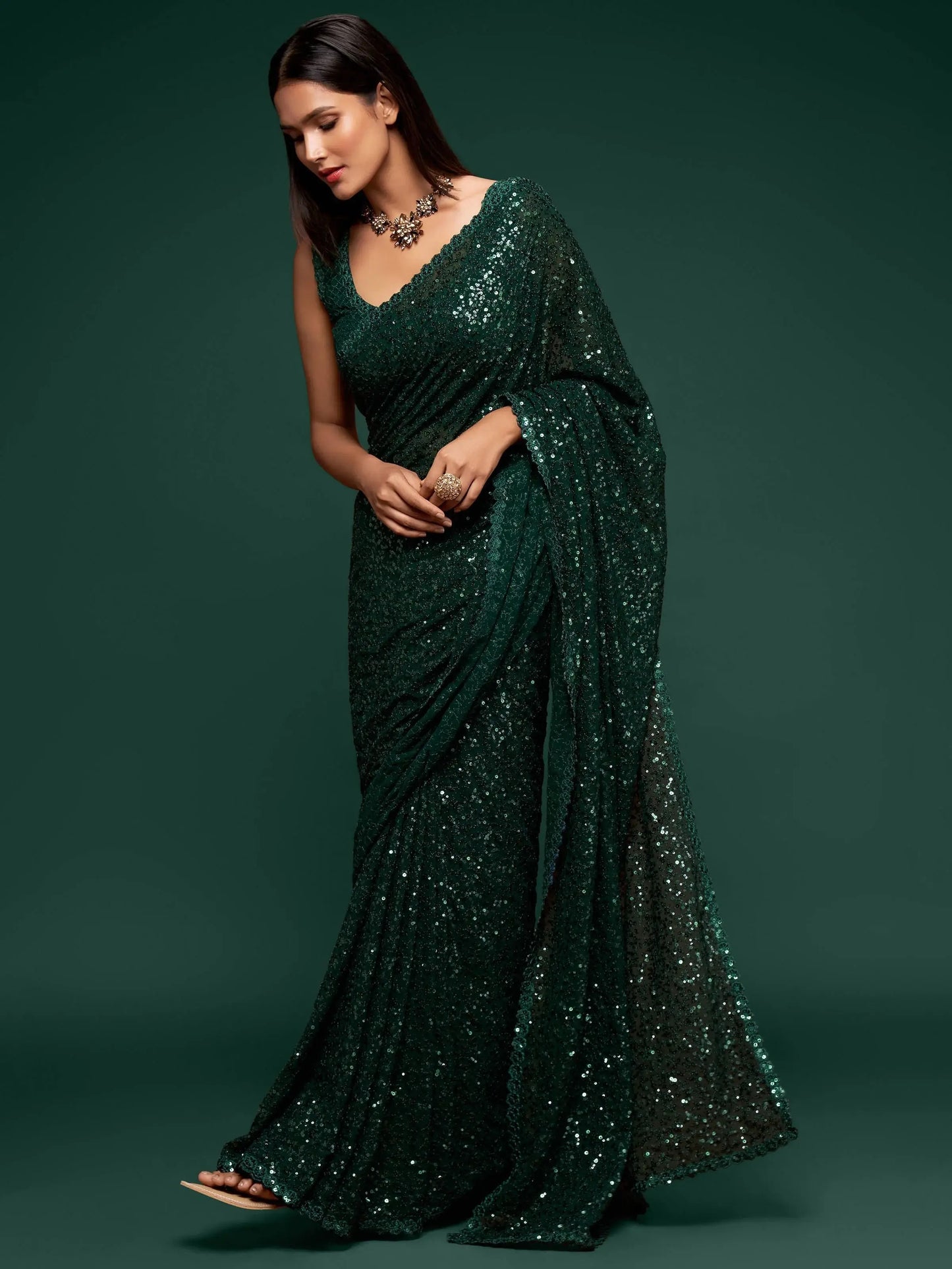 Stylish Deep Green Sequin Saree for Party & Wedding