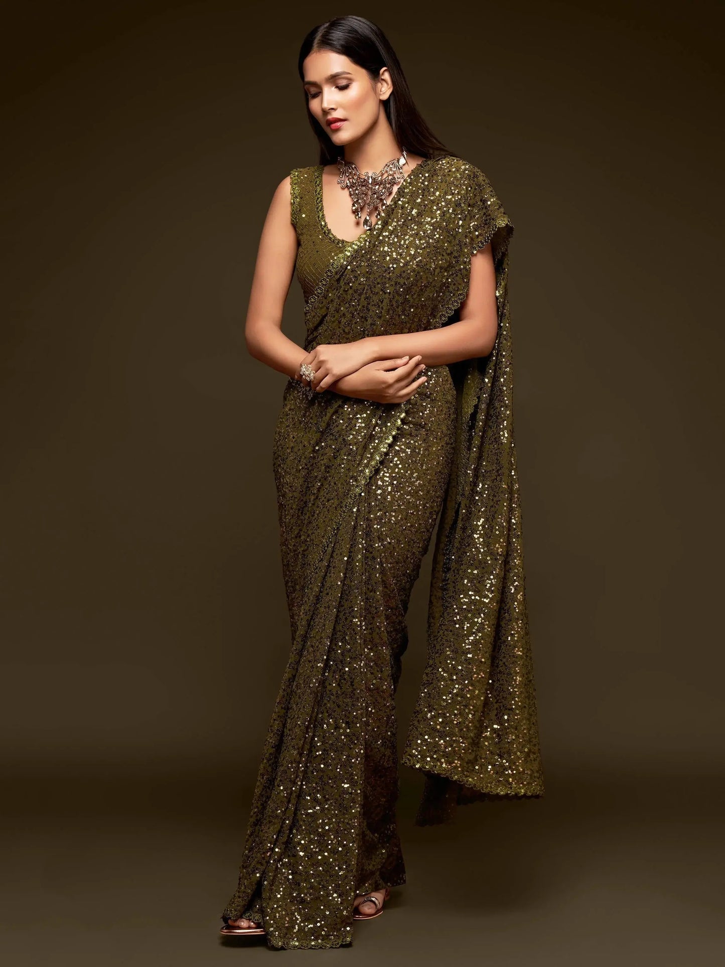 Stylish Olive Green Sequin Saree for Parties & Festive Wear