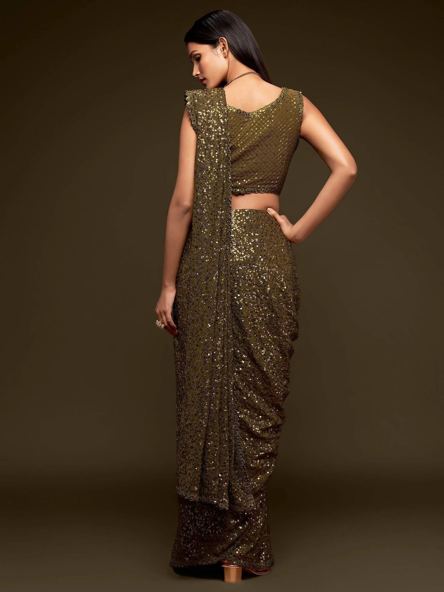 Stylish Olive Green Sequin Saree for Parties & Festive Wear