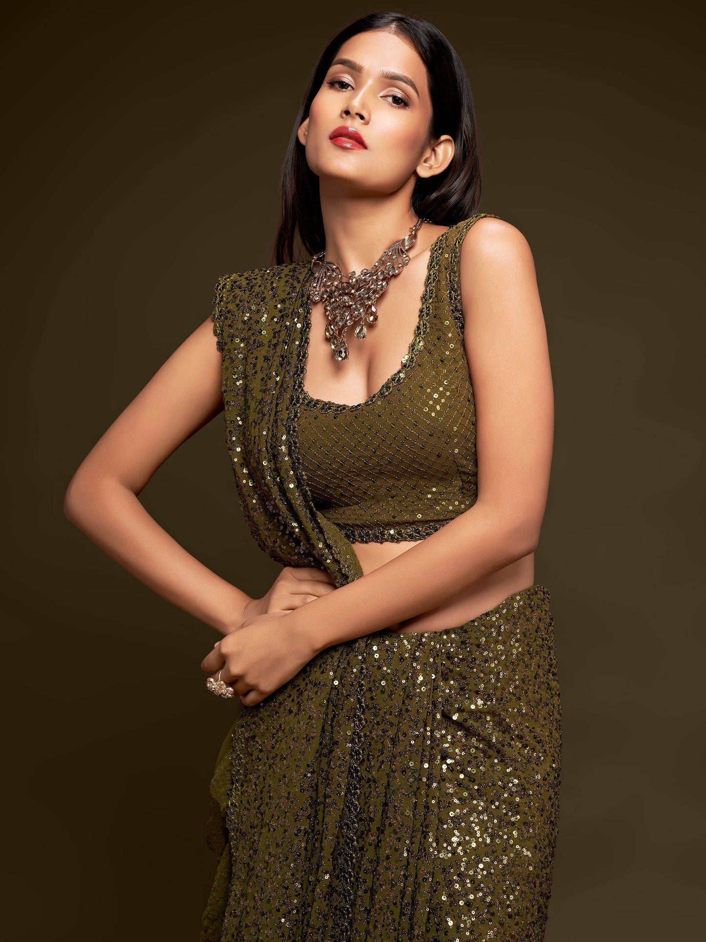 Stylish Olive Green Sequin Saree for Parties & Festive Wear