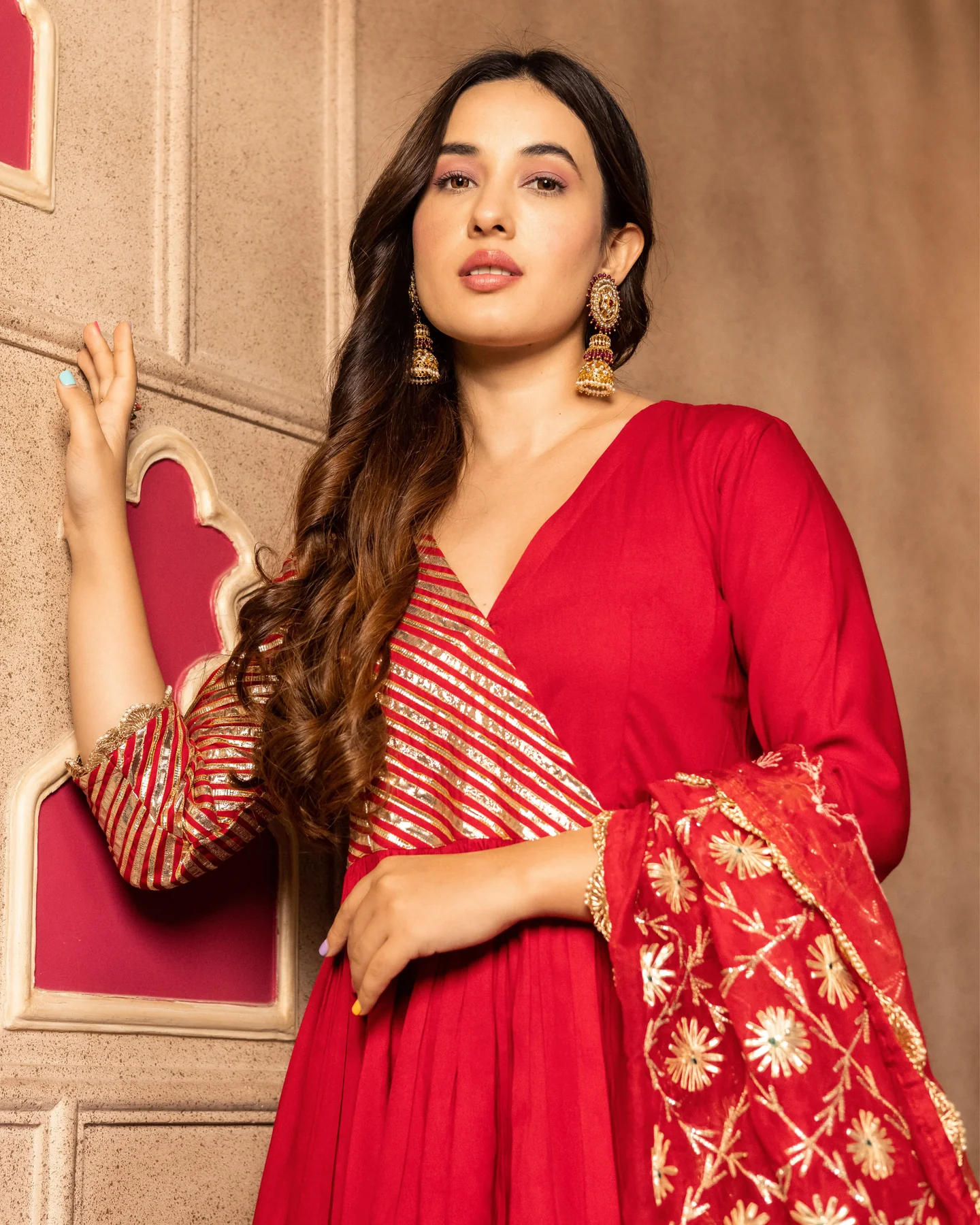 Festive & Wedding Wear Maroon Gota Work Anarkali Sharara Suit Set for Women