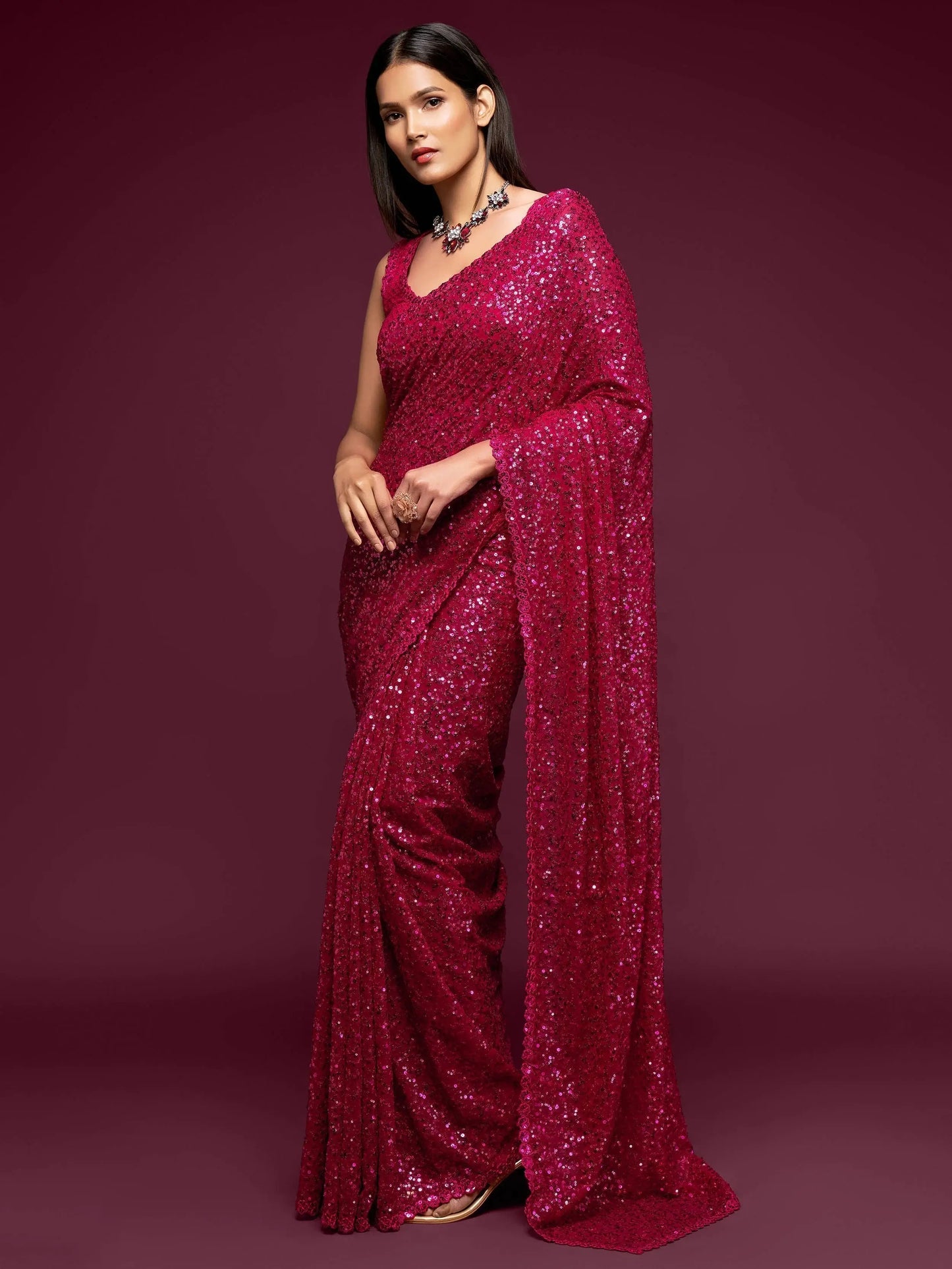 Trendy Hot Pink Sequin Saree for Party & Farewell