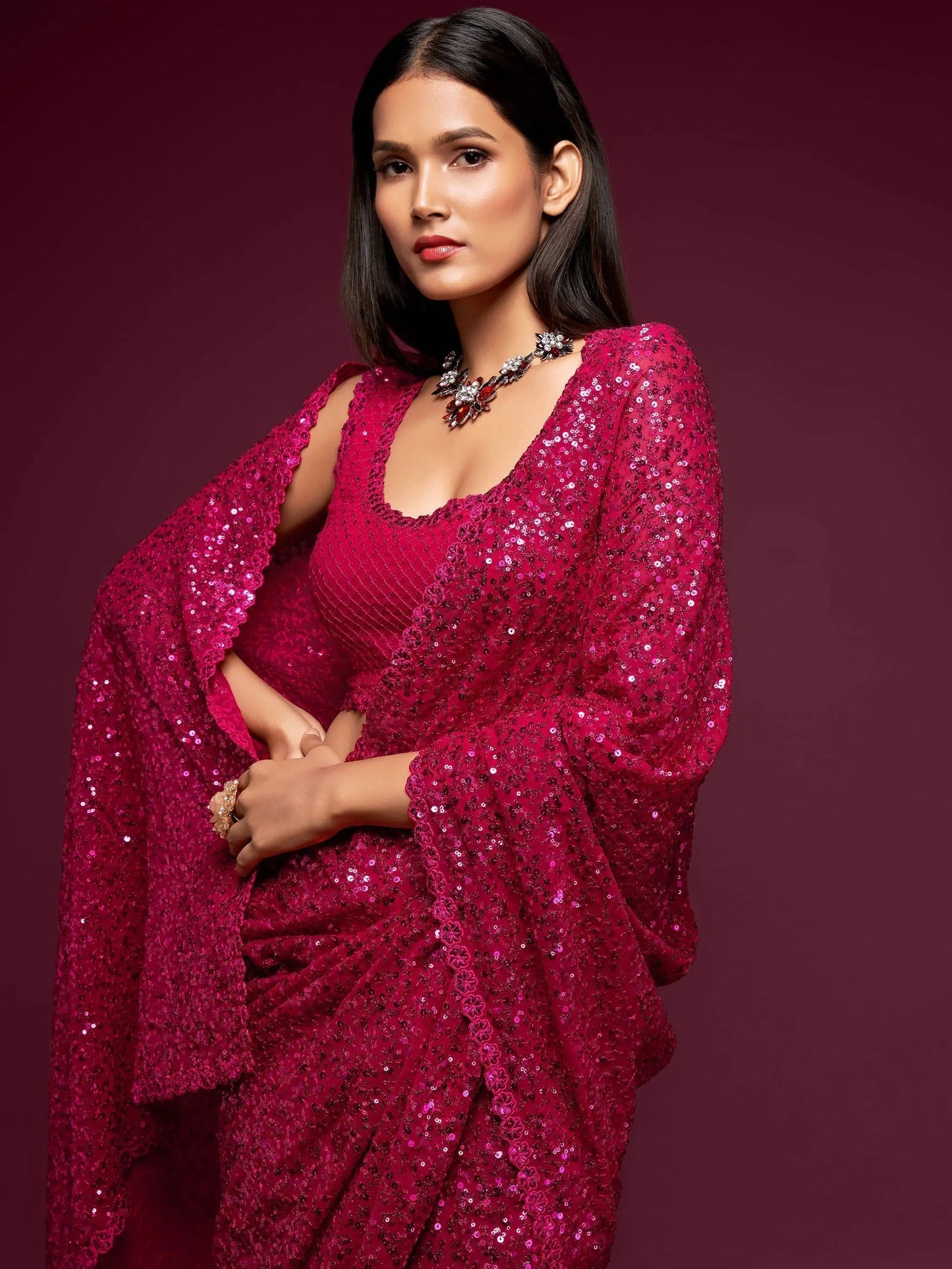 Trendy Hot Pink Sequin Saree for Party & Farewell