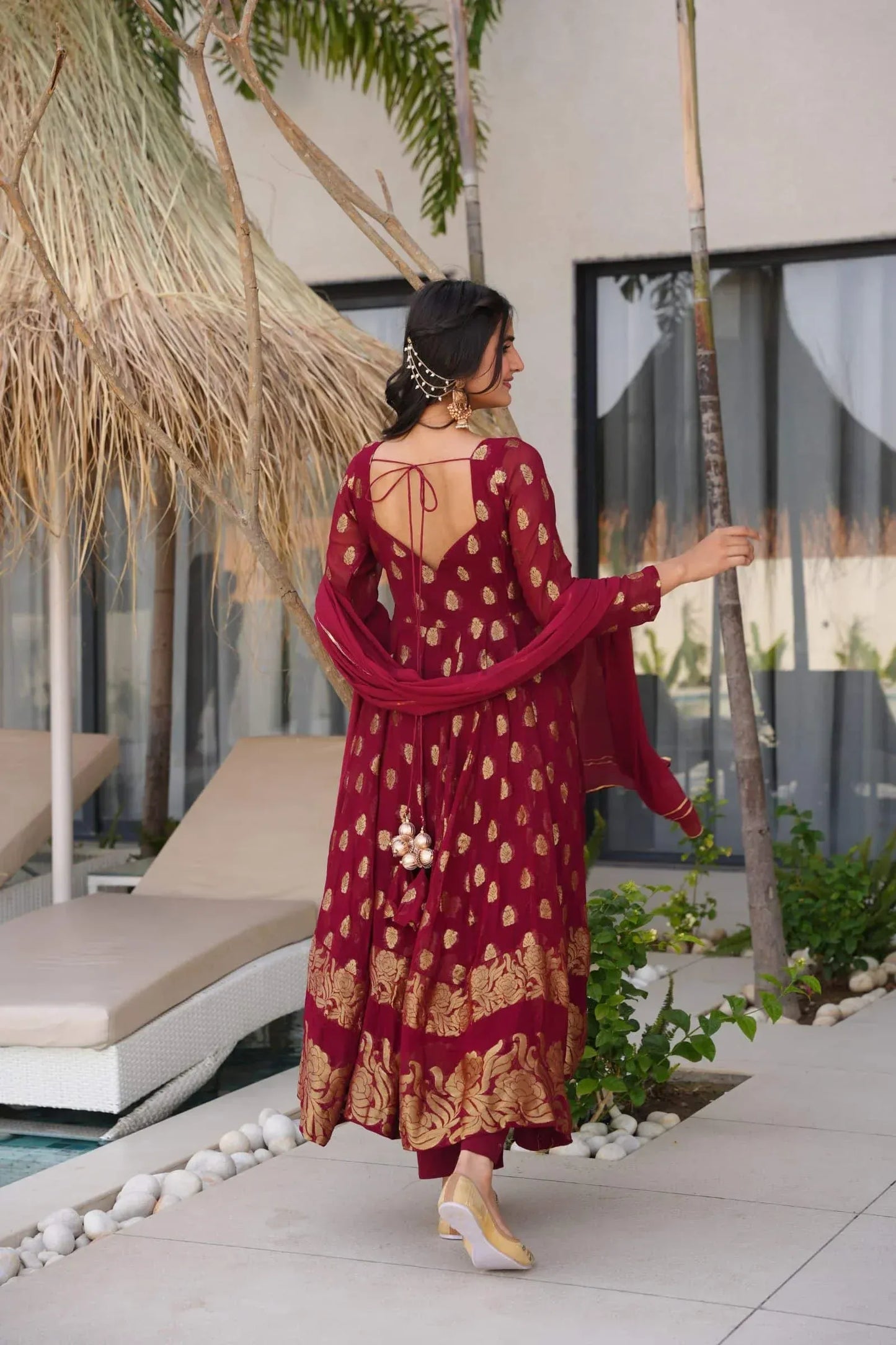 Maroon Anarkali Suit with Golden Zari Work & Dupatta – Festive Ethnic Wear