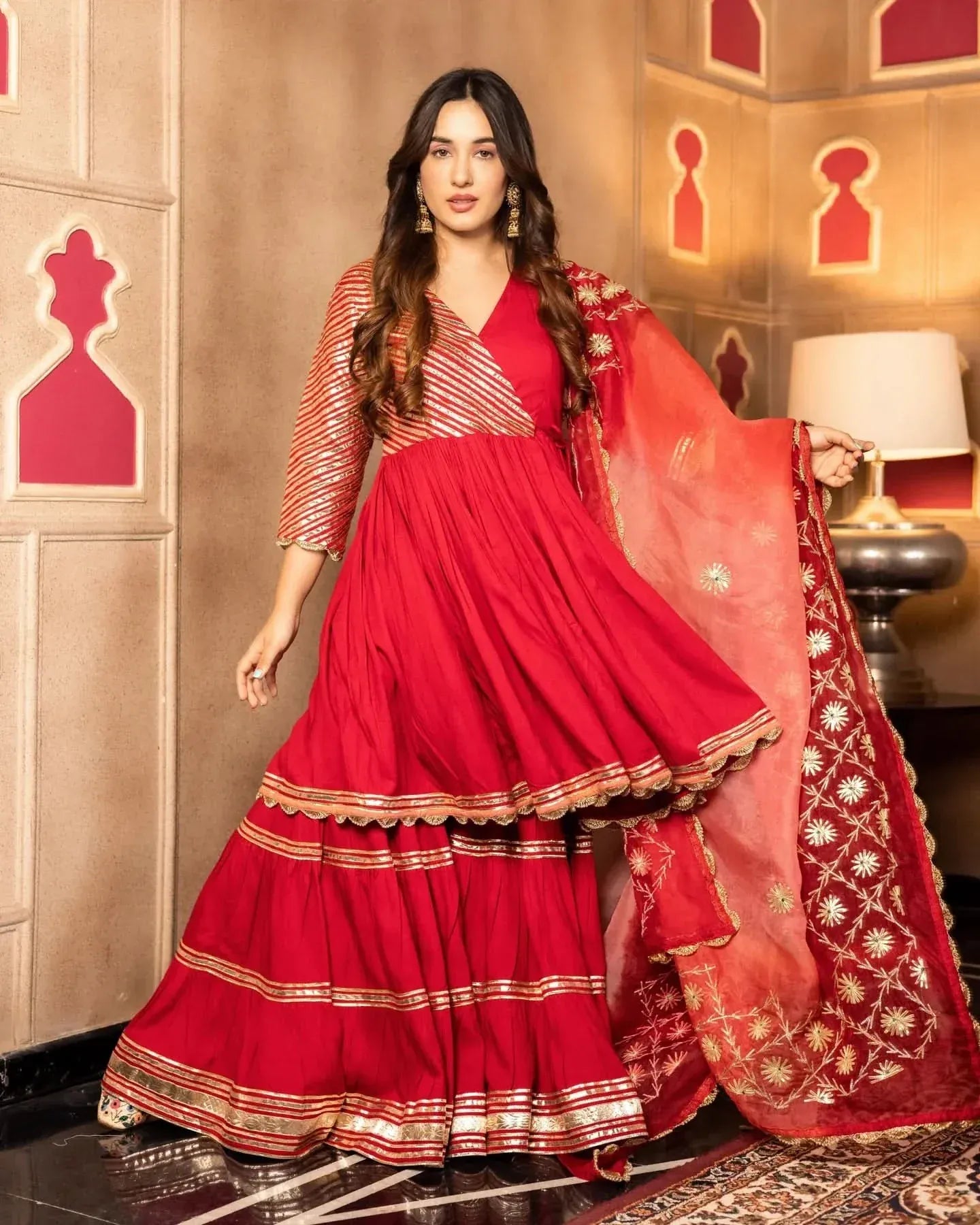 Festive & Wedding Wear Maroon Gota Work Anarkali Sharara Suit Set for Women