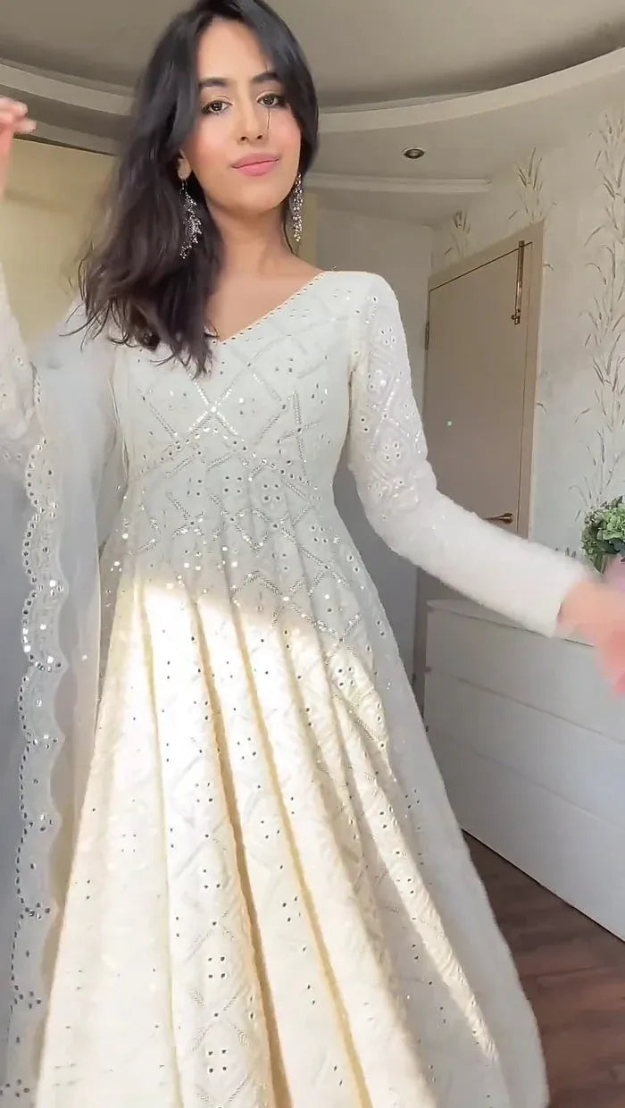 Aniska Lakhnavi Embroidered Work Anarkali Suit Set | Party Wear Lakhnavi Anarkali For Women