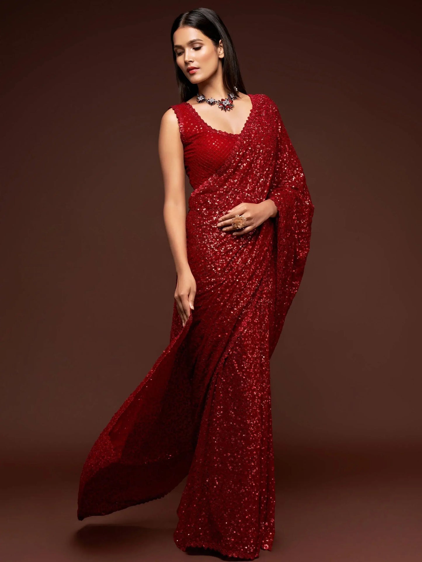 Reception Wear Red Sequin Party Wear Saree with Blouse
