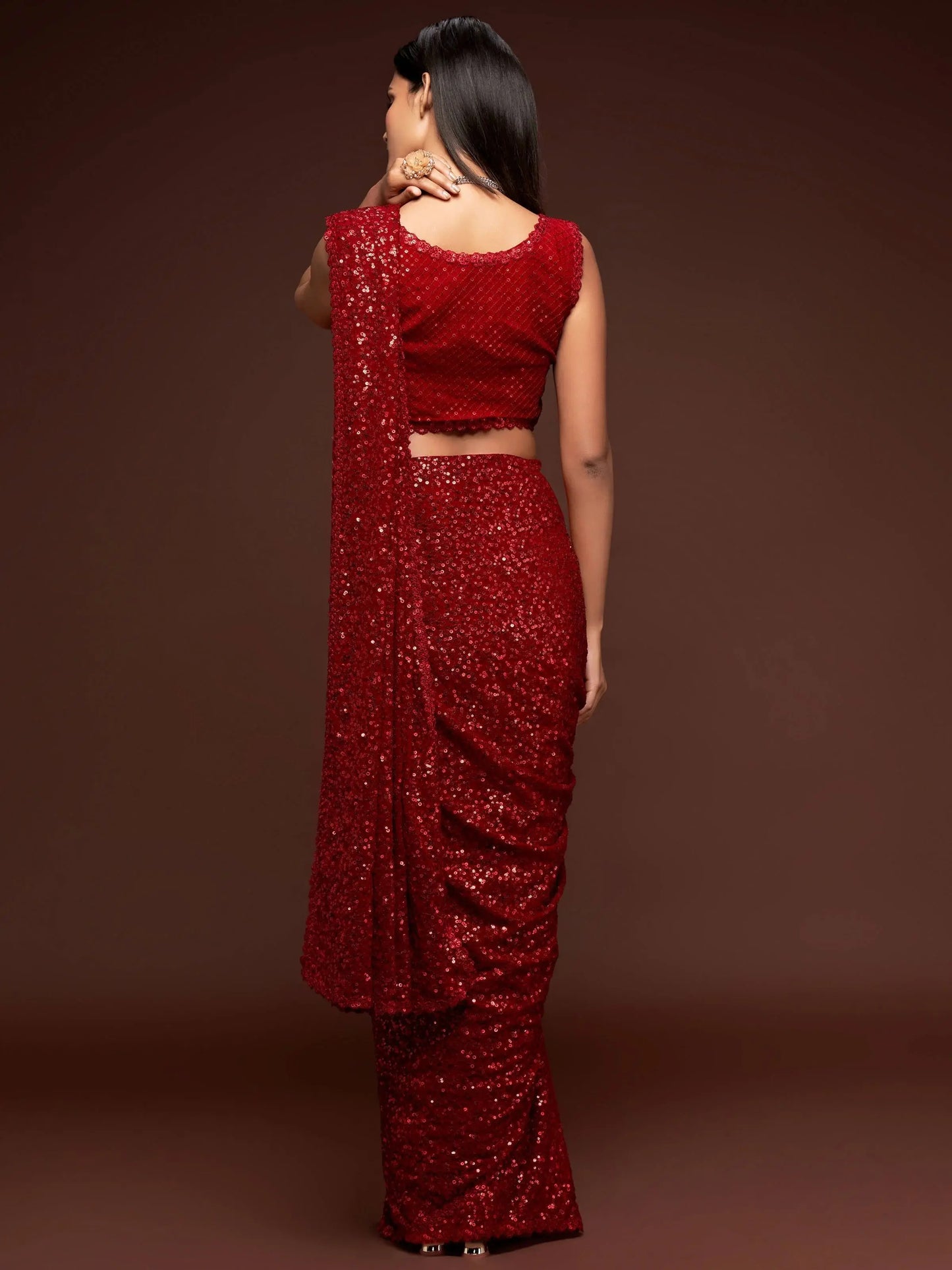 Reception Wear Red Sequin Party Wear Saree with Blouse