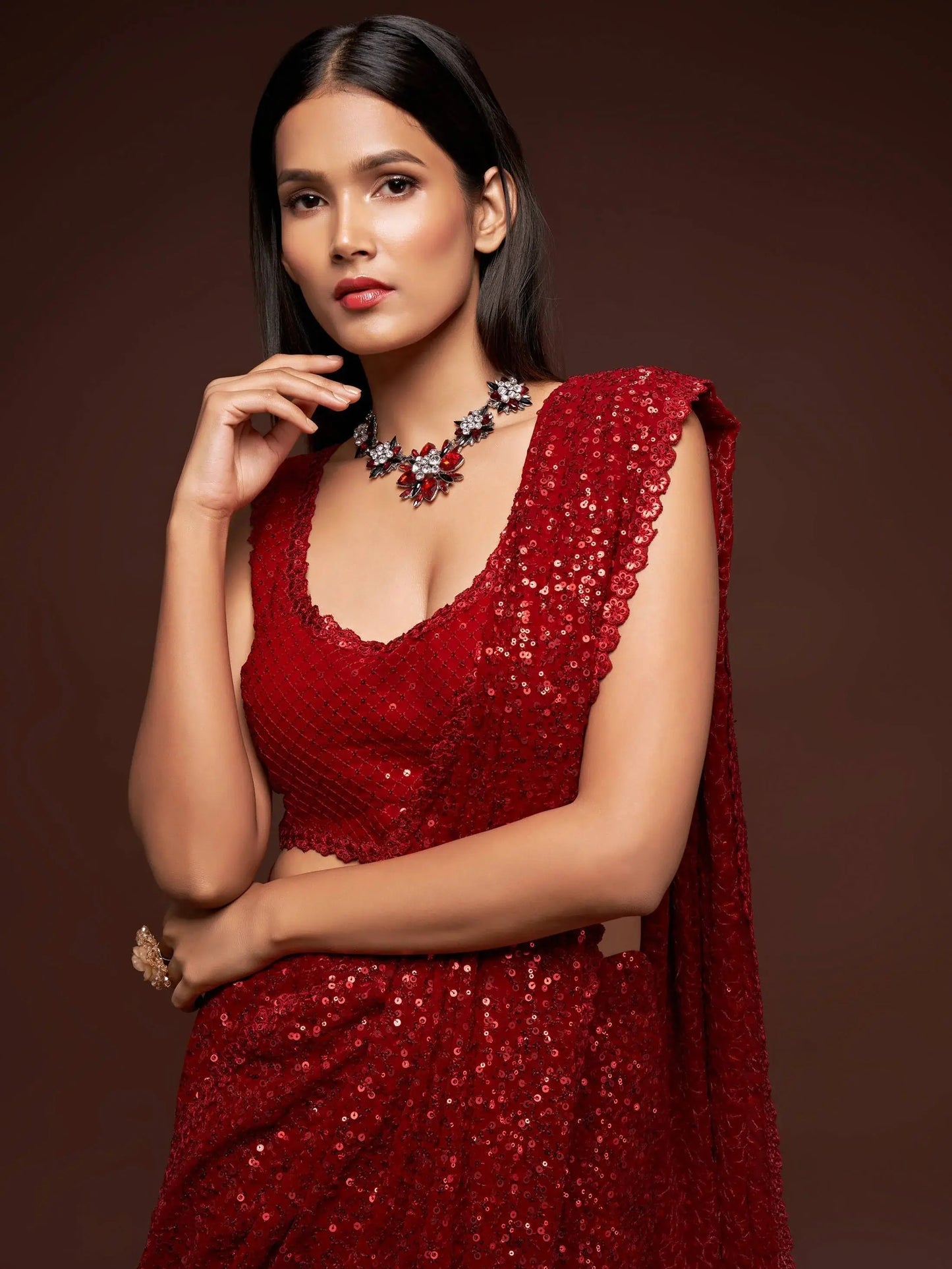 Reception Wear Red Sequin Party Wear Saree with Blouse