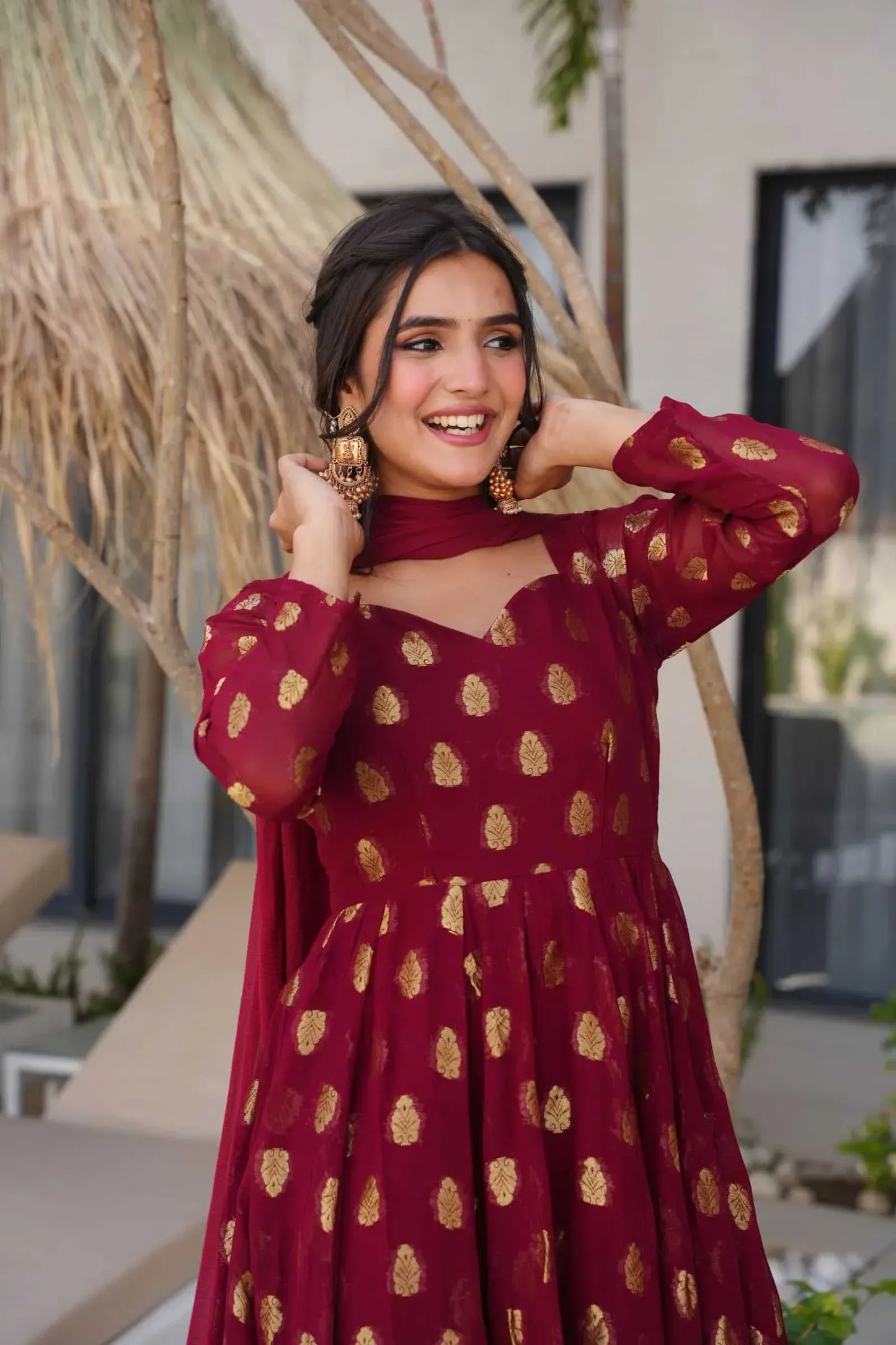 Maroon Anarkali Suit with Golden Zari Work & Dupatta – Festive Ethnic Wear