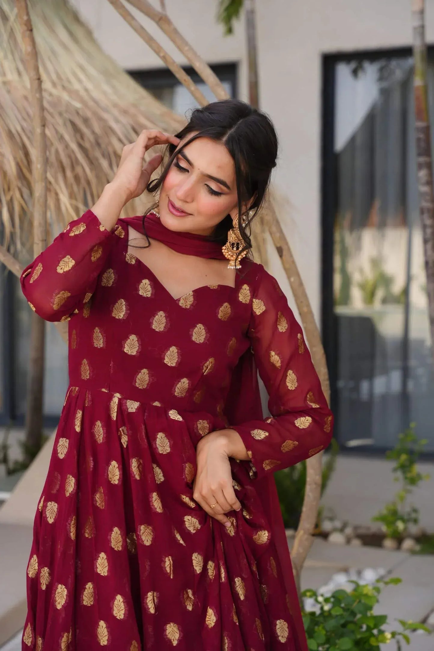 Maroon Anarkali Suit with Golden Zari Work & Dupatta – Festive Ethnic Wear