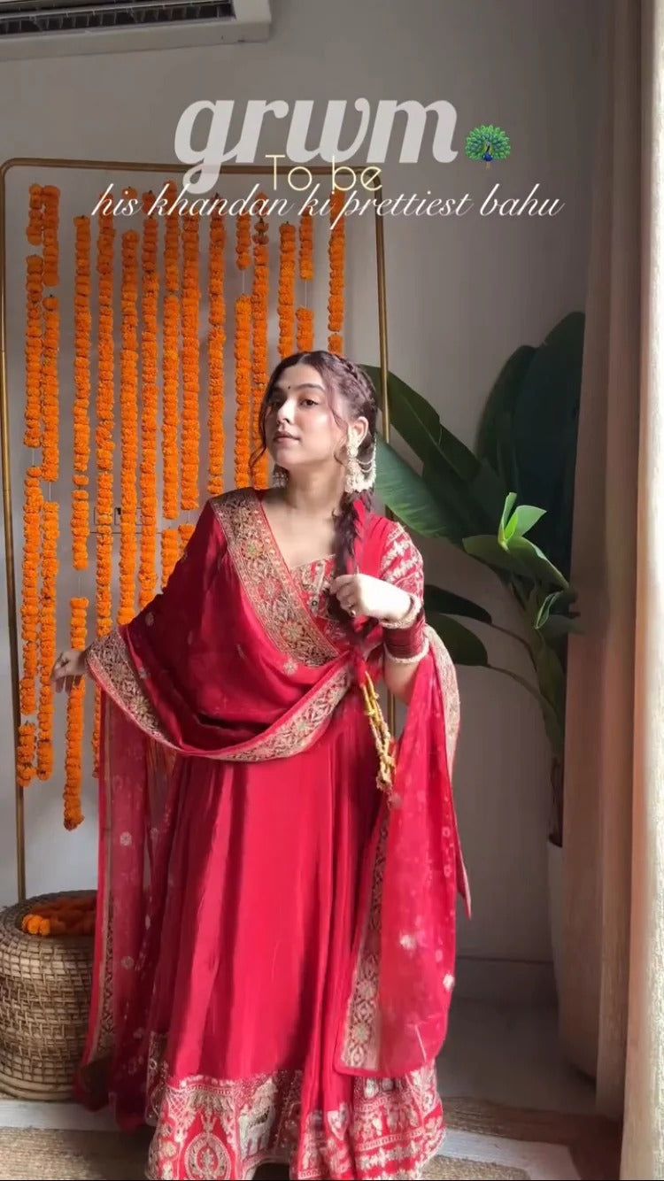Designer Red Anarkali Set for Farewell & Sangeet - 52 Inch Floor Length Suit